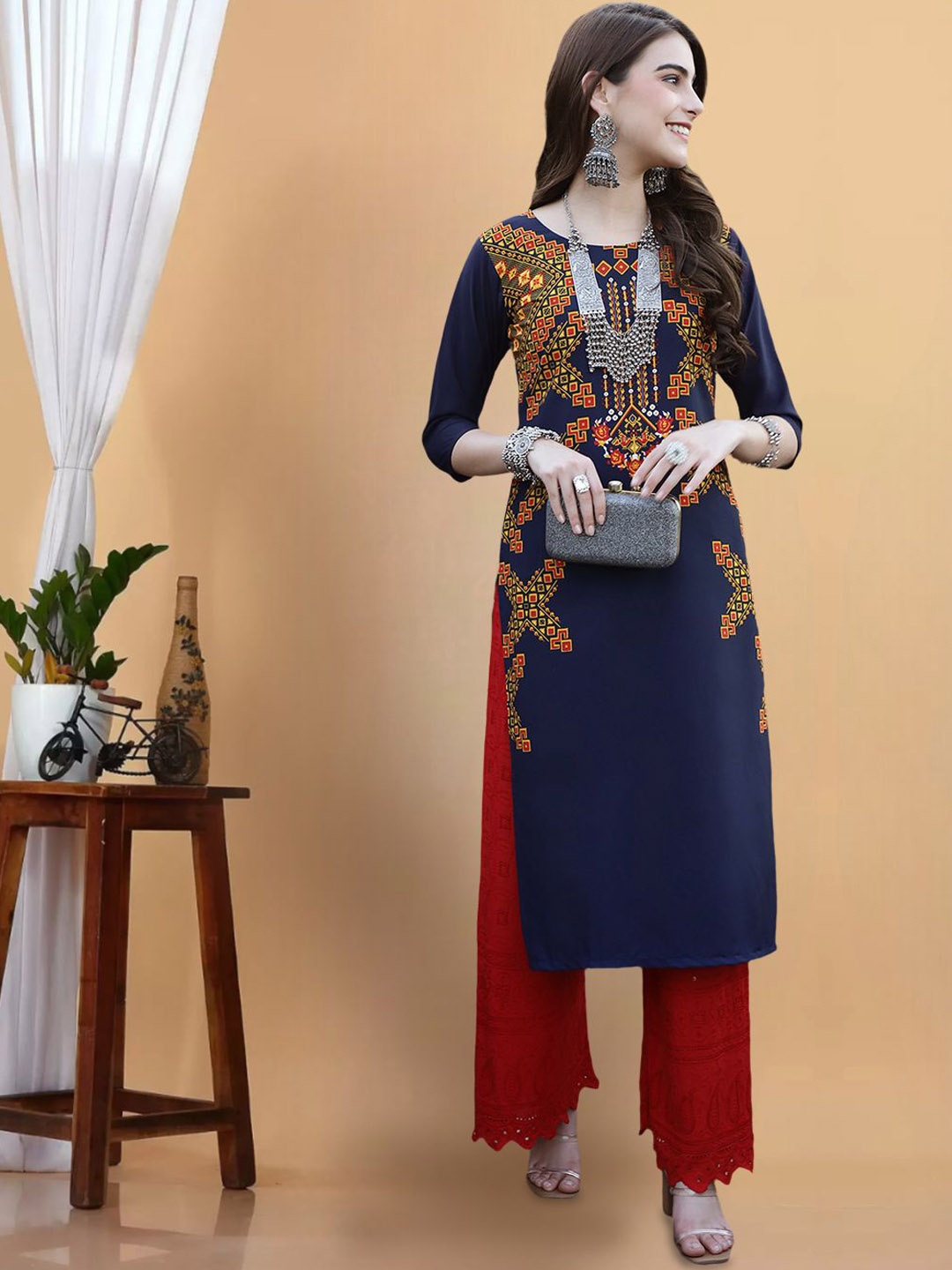 

7Threads Geometric Printed Round Neck Straight Kurta, Blue