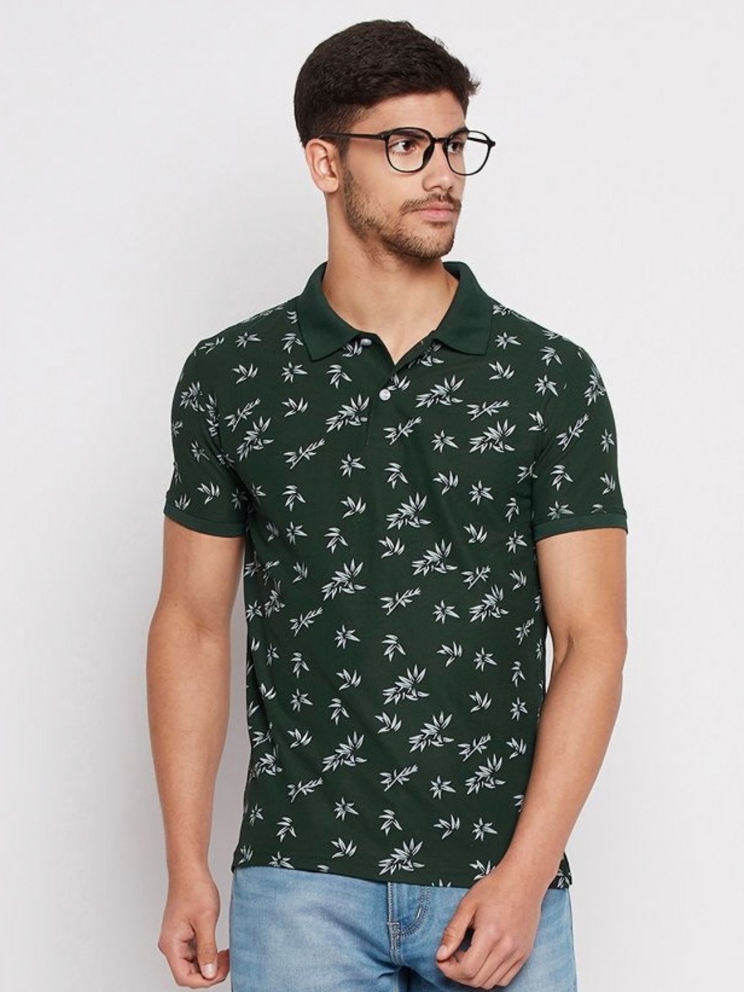 

RISS Men Floral Printed Polo Collar Cotton T-Shirt, Olive