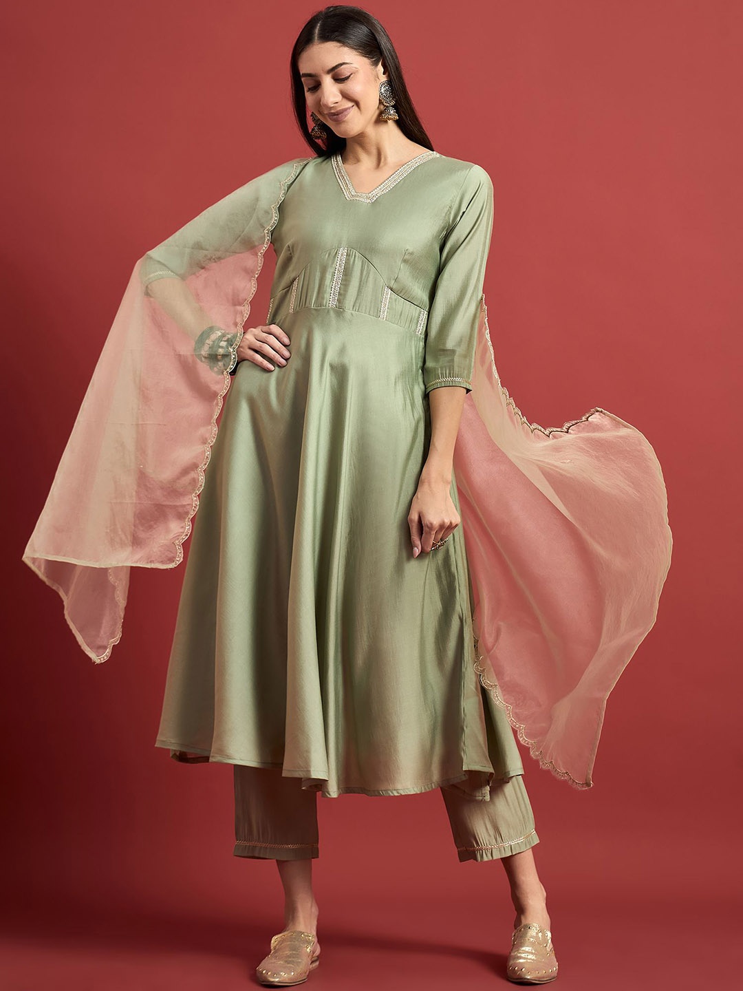 

all about you Women Embroidered Regular Kurta with Trousers & With Dupatta, Green