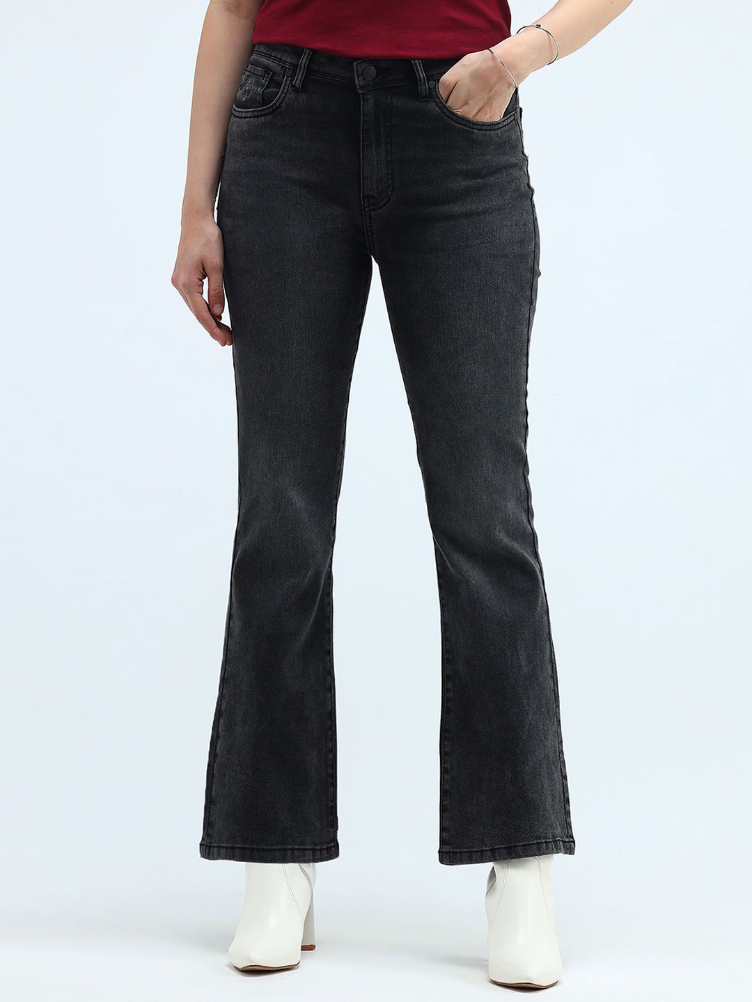 

U.S. Polo Assn. Women Women Flared High-Rise Light Fade Stretchable Jeans, Grey
