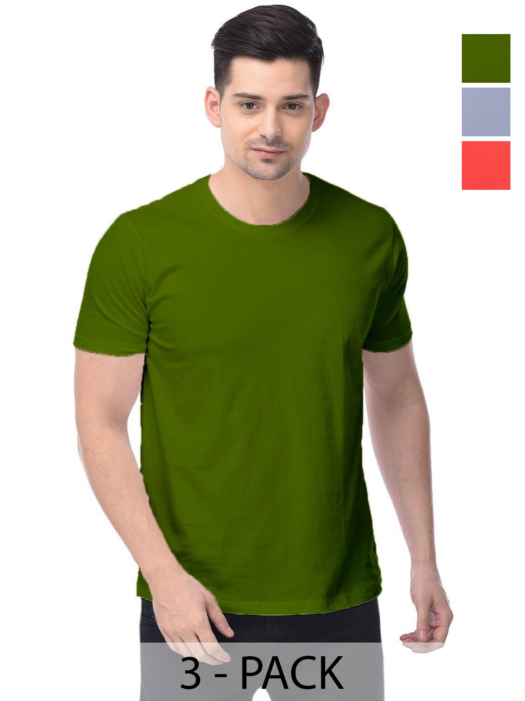 

COLOR CAPITAL Unisex Pack Of 3 Solid Round Neck Cotton T-shirts, Olive