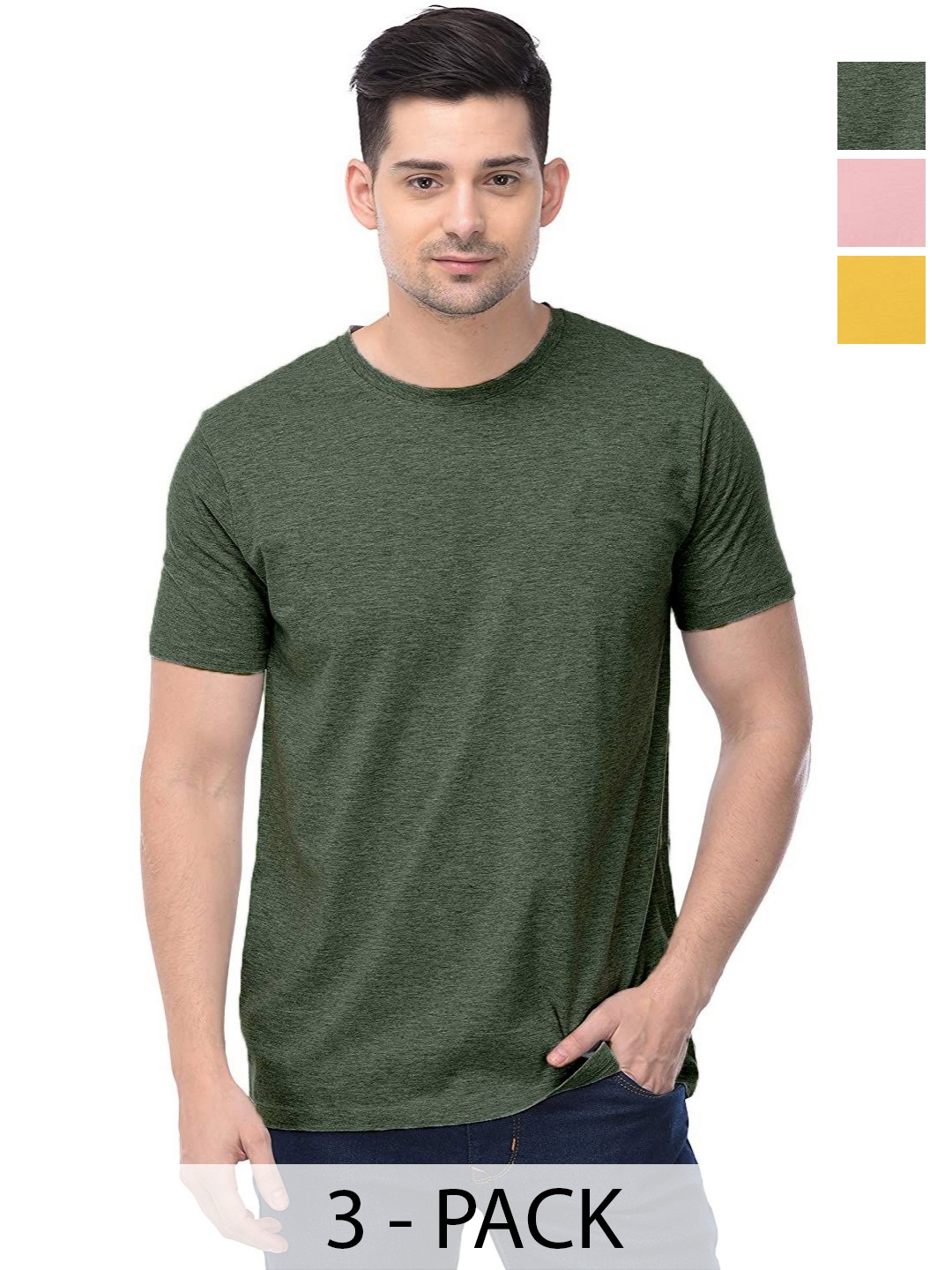 

COLOR CAPITAL Unisex Pack Of 3 Solid Round Neck Cotton T-shirts, Green