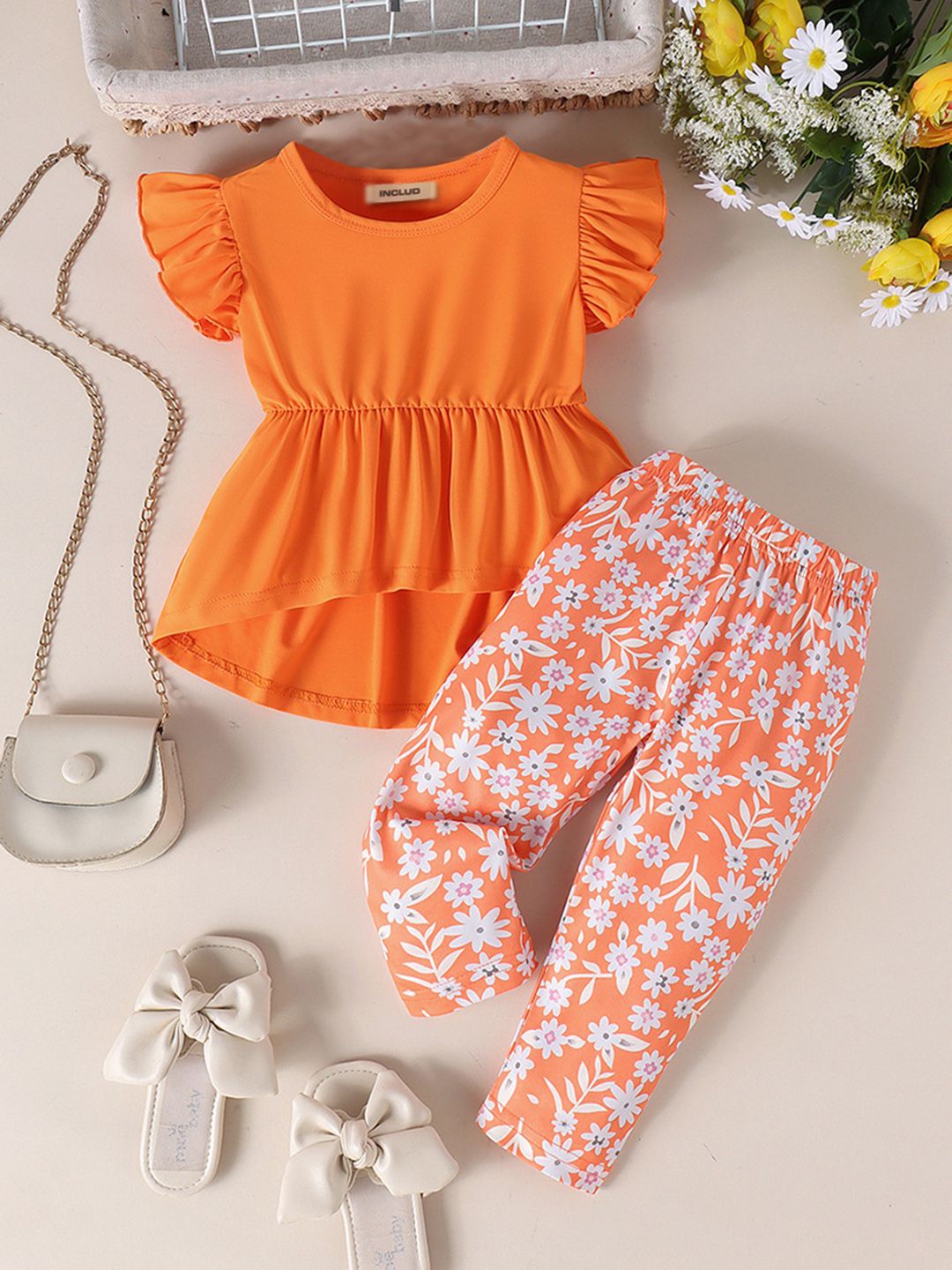 

INCLUD Girls Round Neck Top with Trousers, Orange