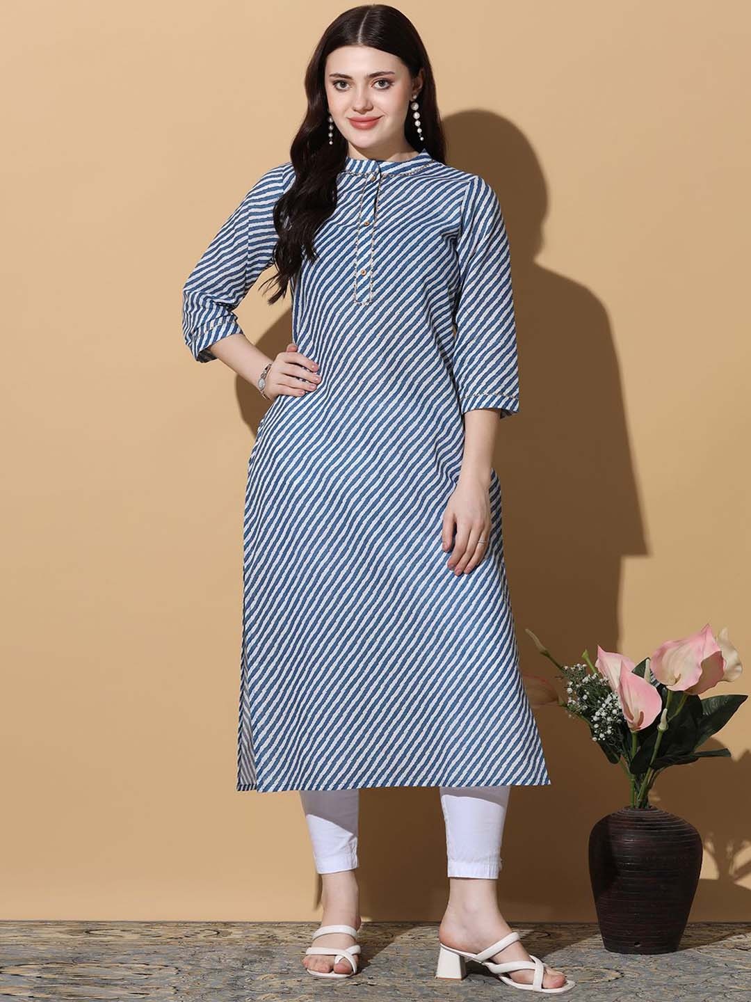 

BAESD Leheriya Printed Mandarin Collar Gotta Patti Cotton Straight Kurta, Blue