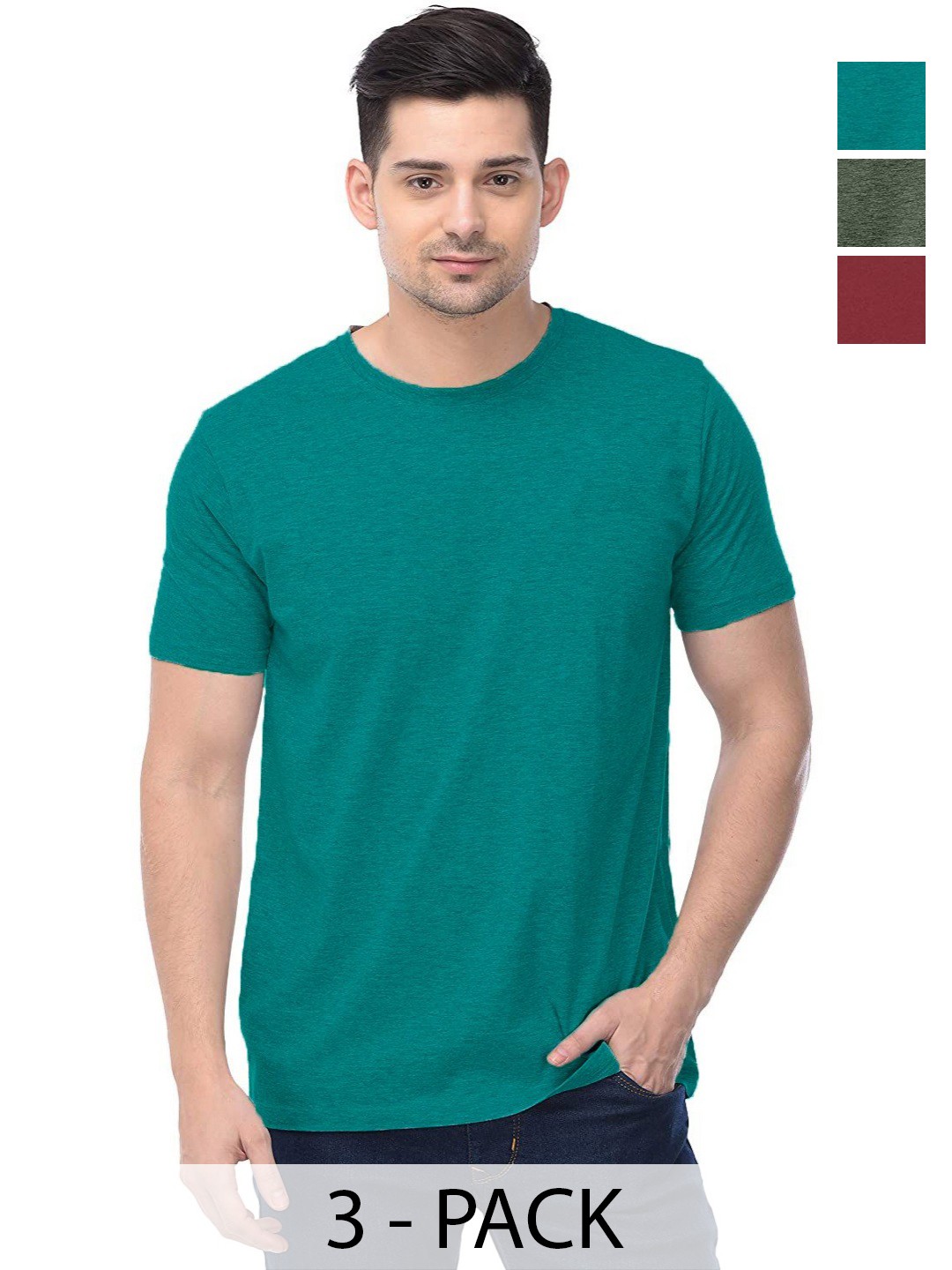 

COLOR CAPITAL Unisex Pack Of 3 Solid Round Neck Cotton T-shirts, Olive