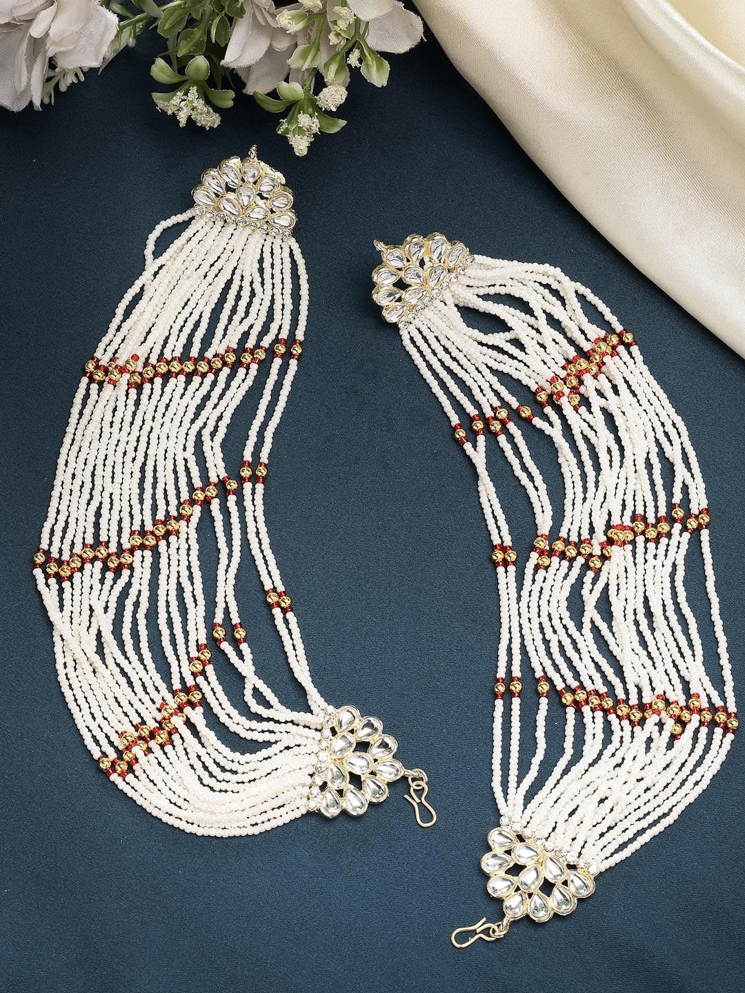 

ZENEME Gold Plated Classic Kundan Studded Pearl Beaded Chain Earrings, Red