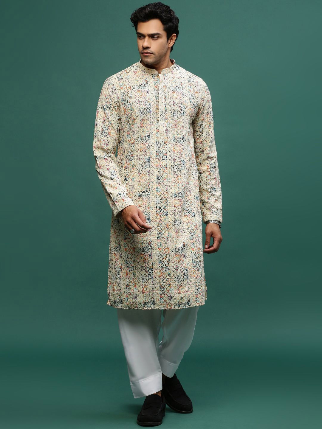 

Sangria Floral Printed Mandarin Collar Chikankari Cotton Straight Kurta, Orange