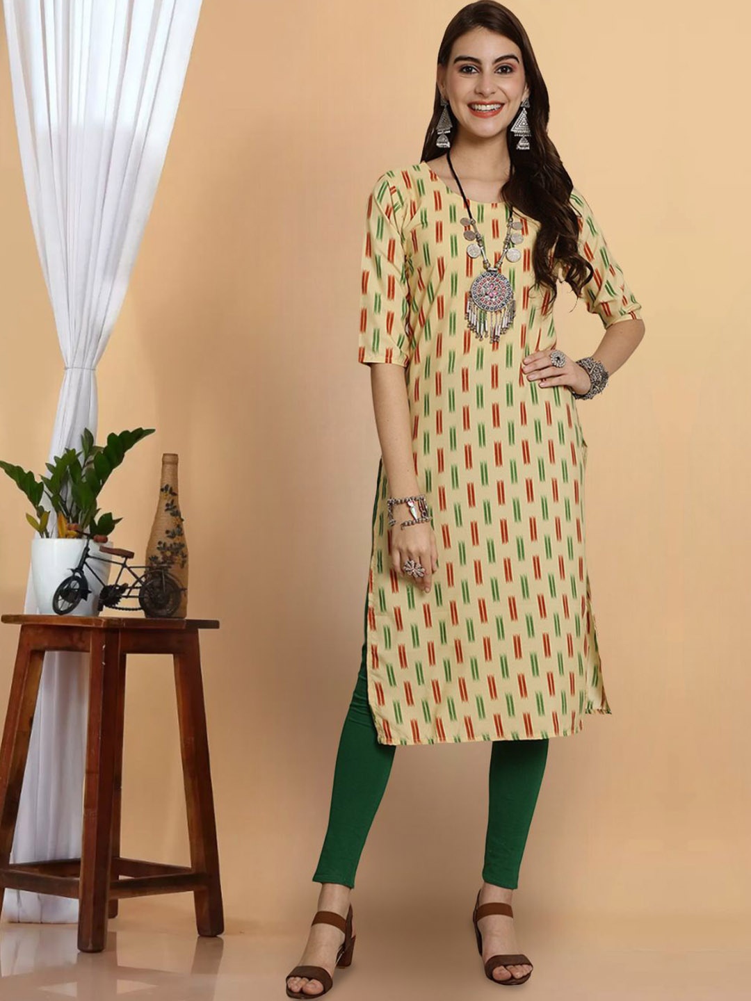 

7Threads Abstract Printed Straight Kurta, Beige