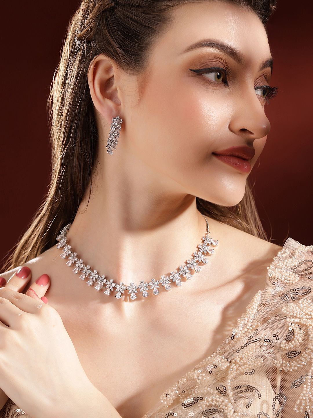 

Priyaasi Silver-Plated American Diamond-Studded Jewellery Set