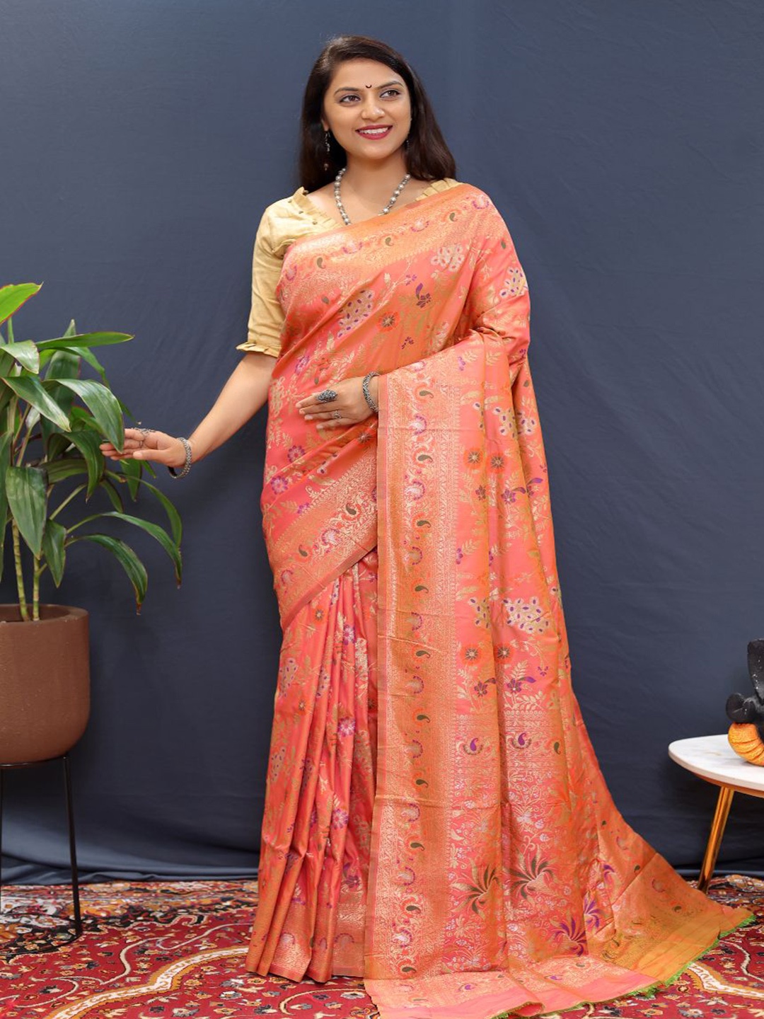 

Royal Rajgharana Saree Woven Design Pure Silk Banarasi Sarees, Peach