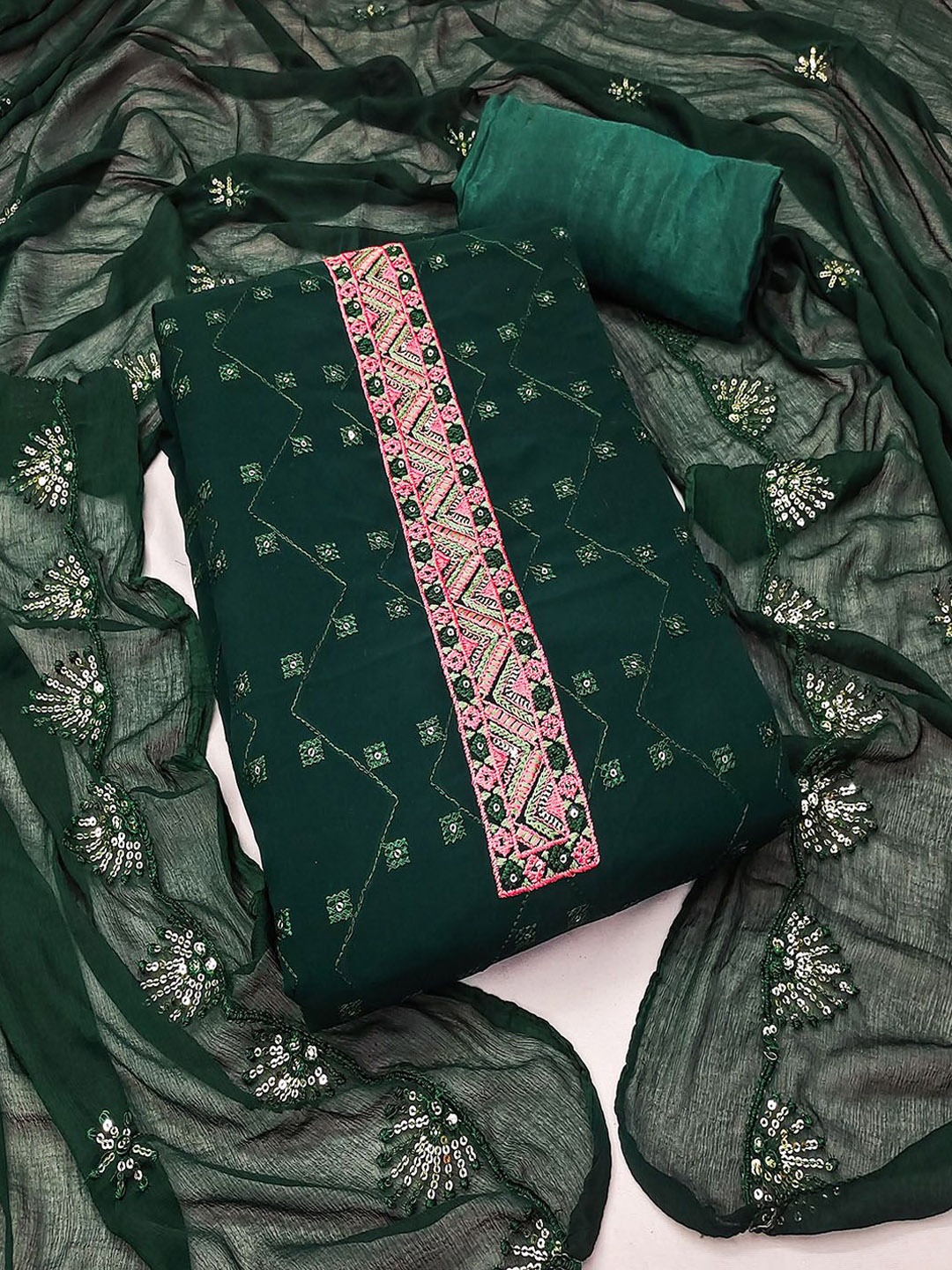 

Lilots Floral Embroidered Sequinned Unstitched Dress Material, Green