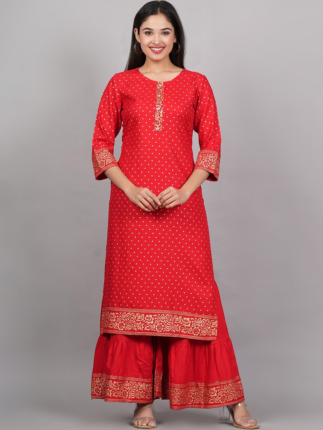 

MF Hayat Women Floral Printed Regular Kurta with Sharara, Red