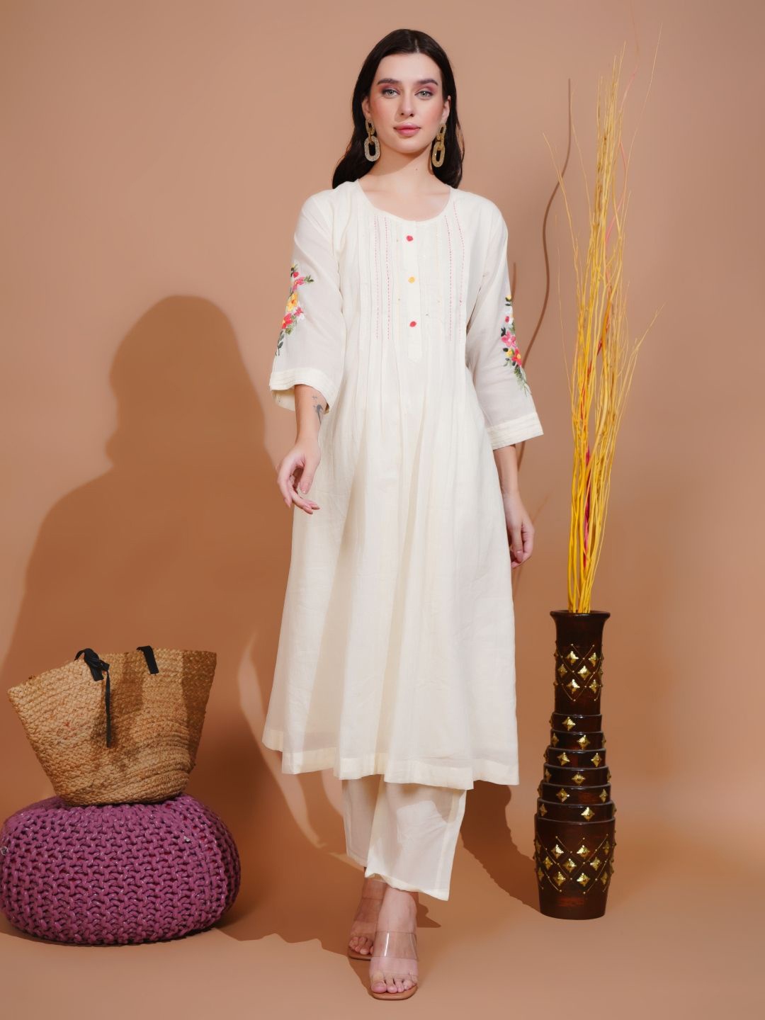 

Boholyfe Pure Cotton Embroidered Top With Trouser, White