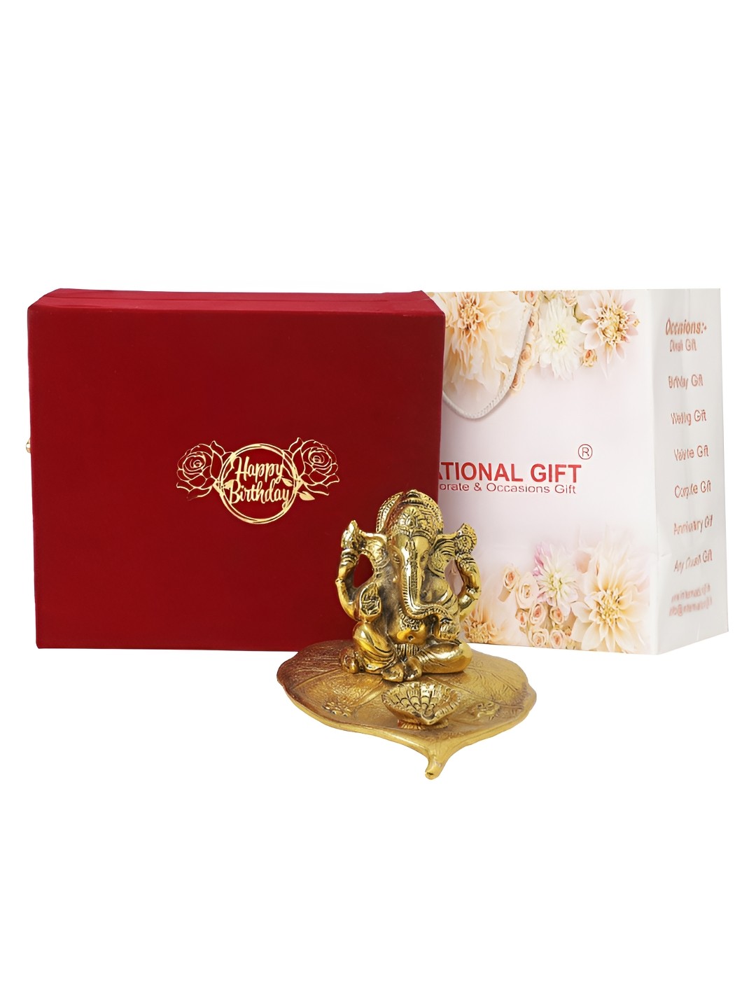 

INTERNATIONAL GIFT Gold Toned Patta Ganesh Idol Metal Showpiece With Velvet Box & Bag