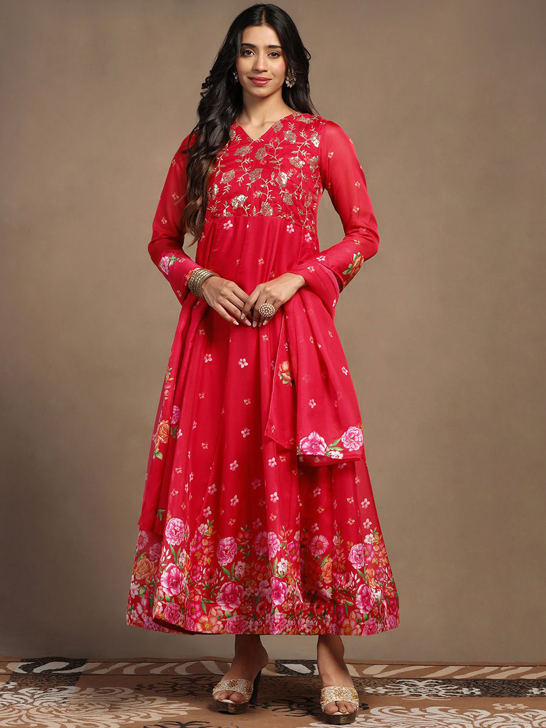 

FASHION DREAM Embroidered A-Line Maxi Ethnic Dress, Red