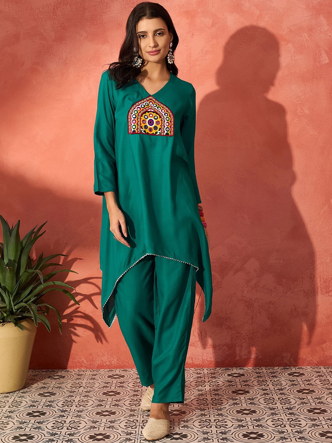 

InWeave Patch Work Asymmetric A Line Kurta With Trousers, Teal