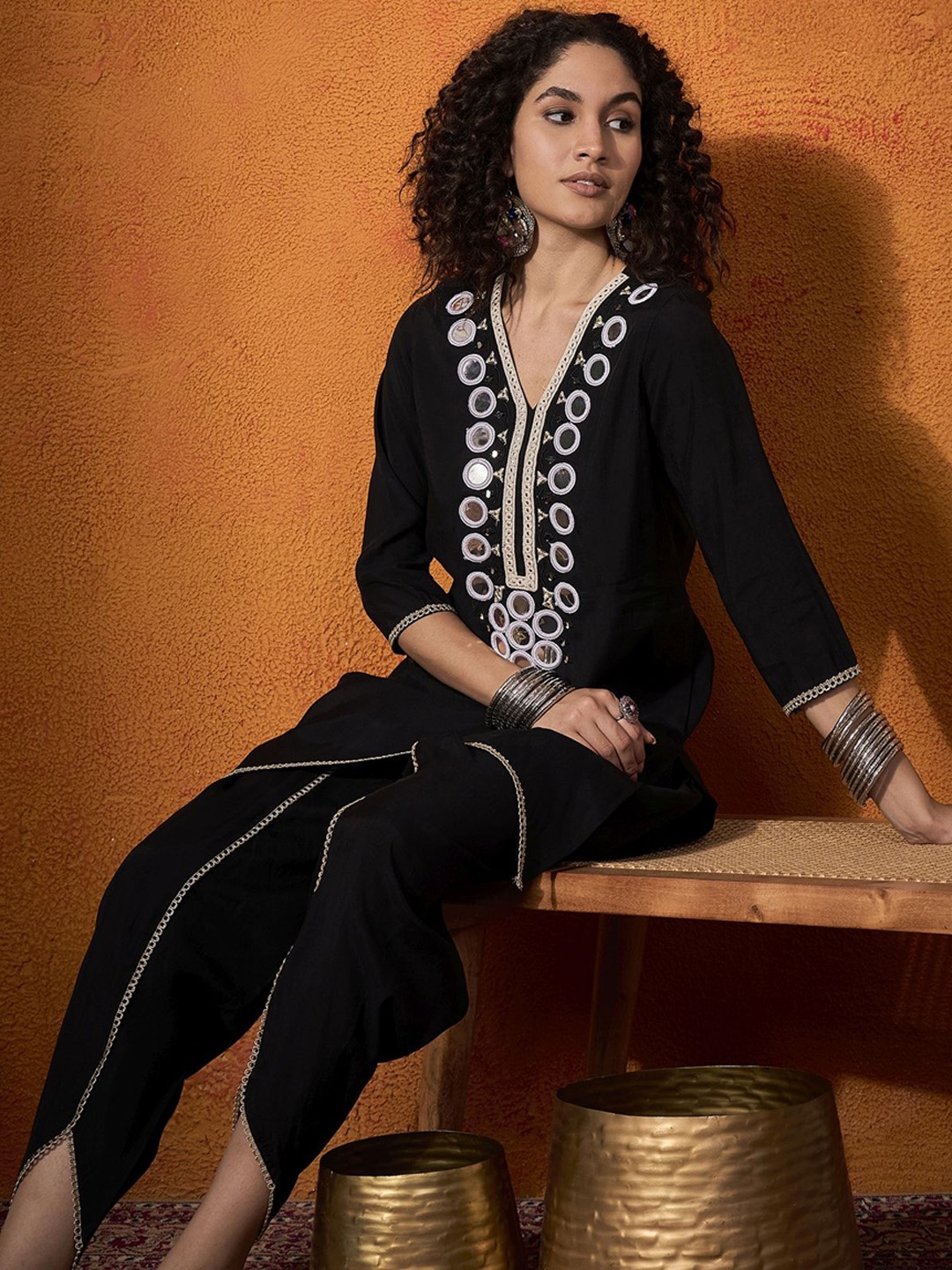 

Sangria Embroidered Tunic With Trouser Co-Ords, Black