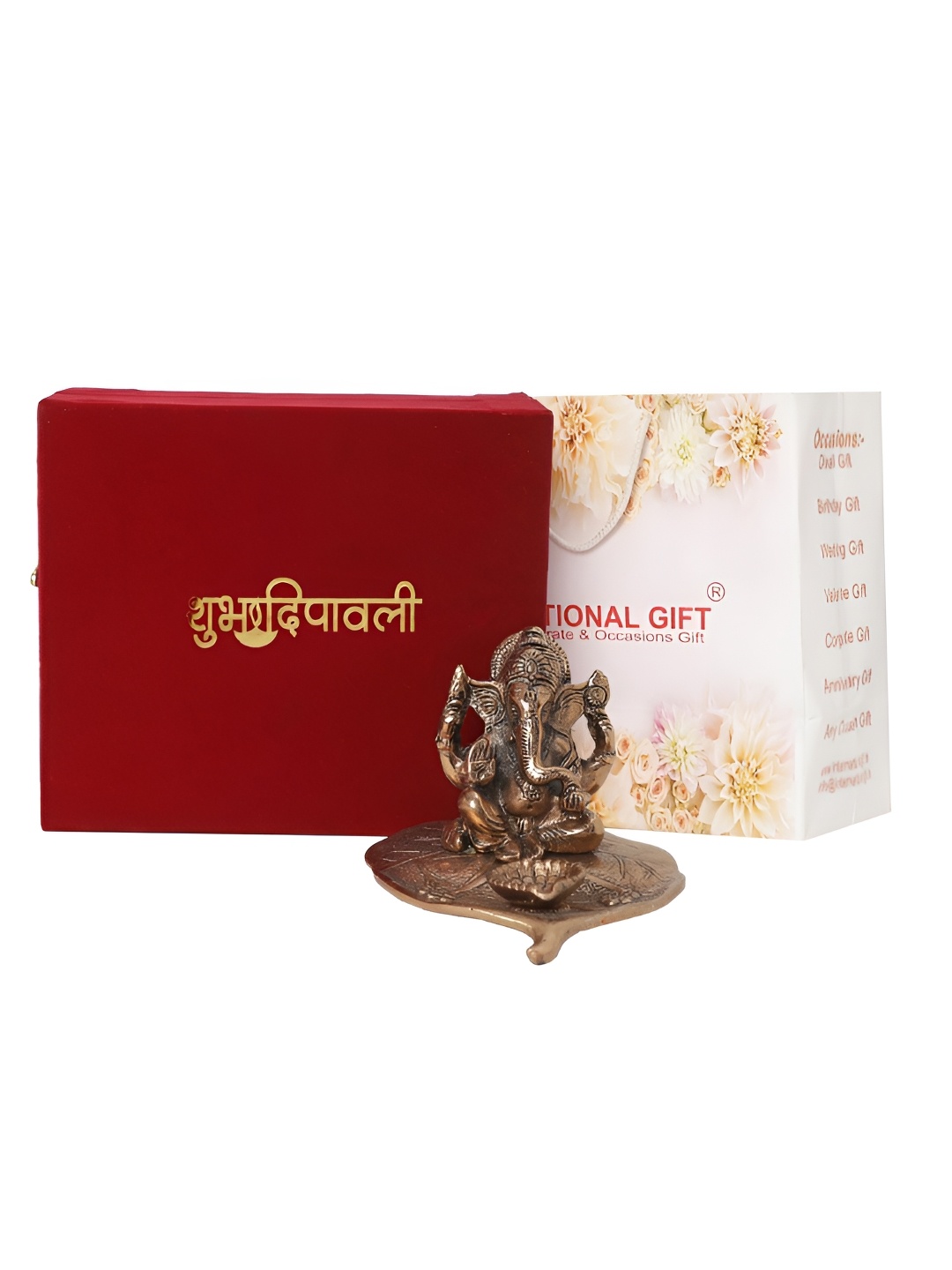 

INTERNATIONAL GIFT Copper Toned Patta Ganesh Idol with Happy Diwali Tag & Velvet Box