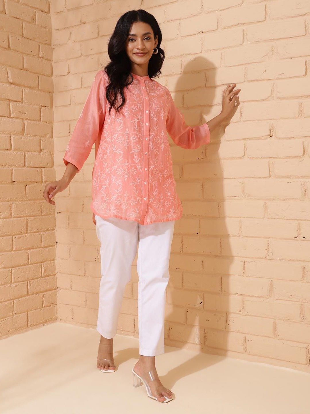 

Fabindia Mandarin Collar Embroidered Tunic, Peach