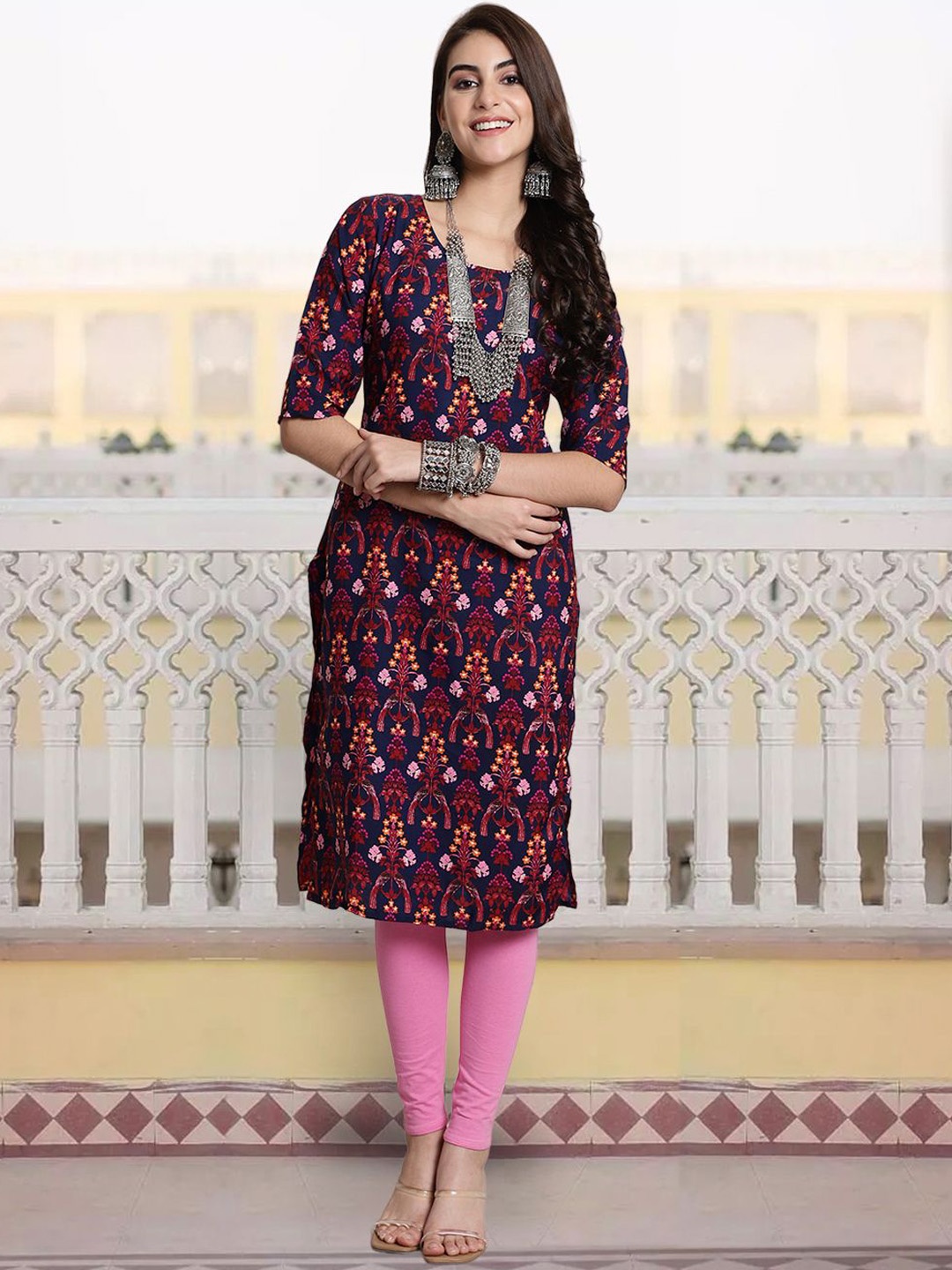 

7Threads Ethnic Motifs Printed Round Neck Straight Kurta, Navy blue