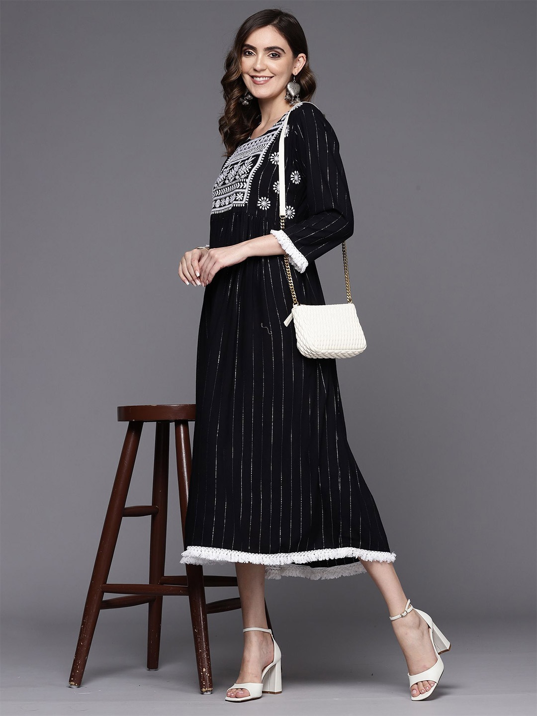 

Indo Era Embroidered A-Line Midi Dress, Black