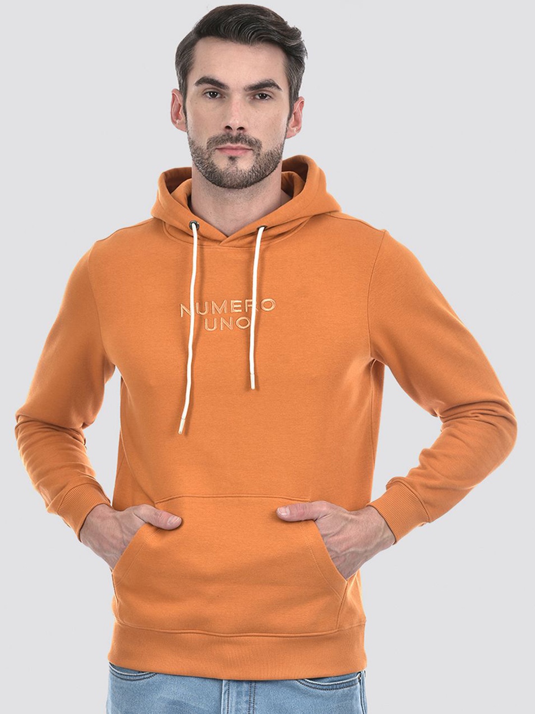 

Numero Uno Men Embroidered Typography Hooded Sweatshirt, Orange