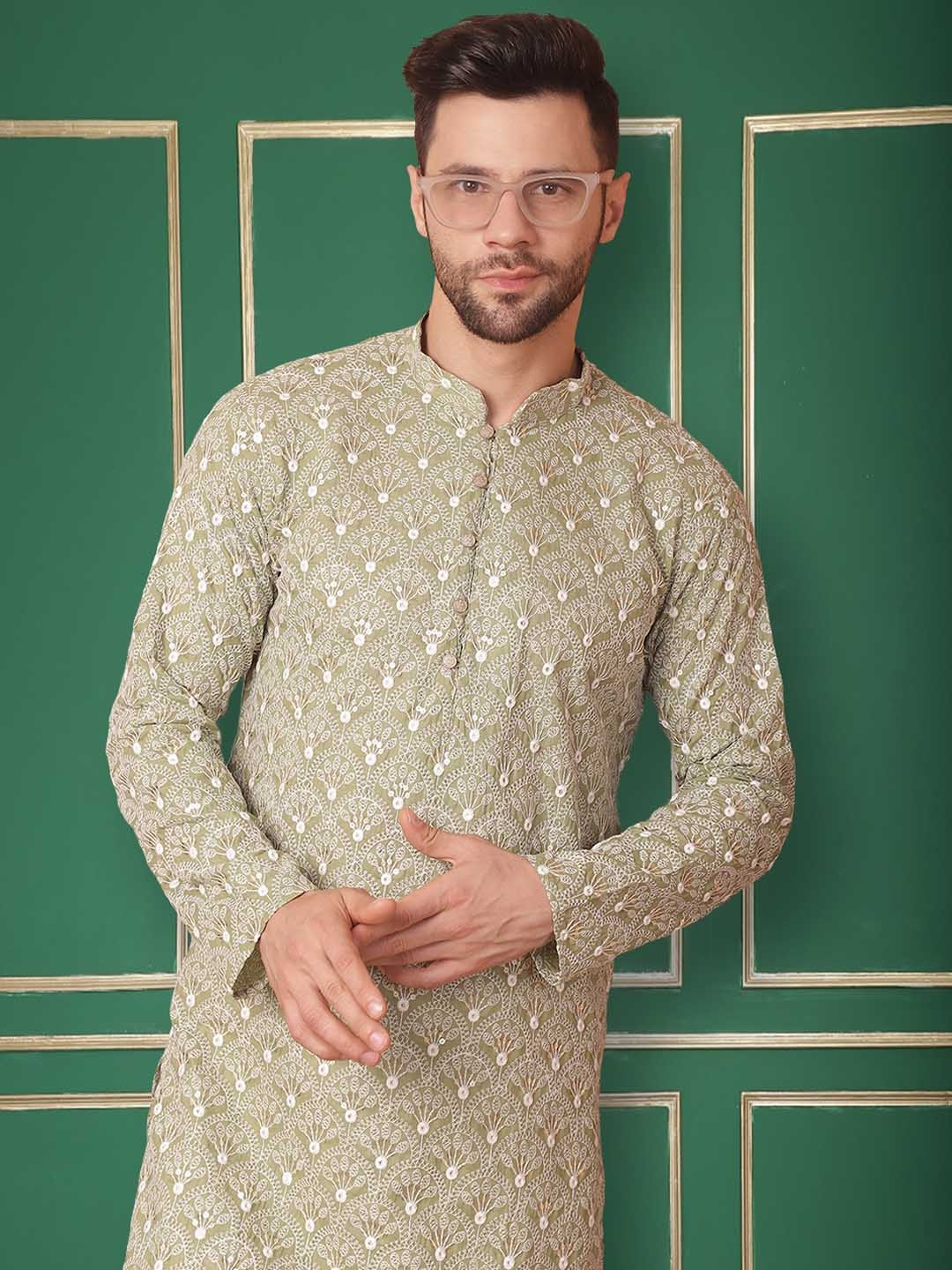 

Jompers Floral Embroidered Straight Chikankari Pure Cotton Kurta with Pyjamas, Green