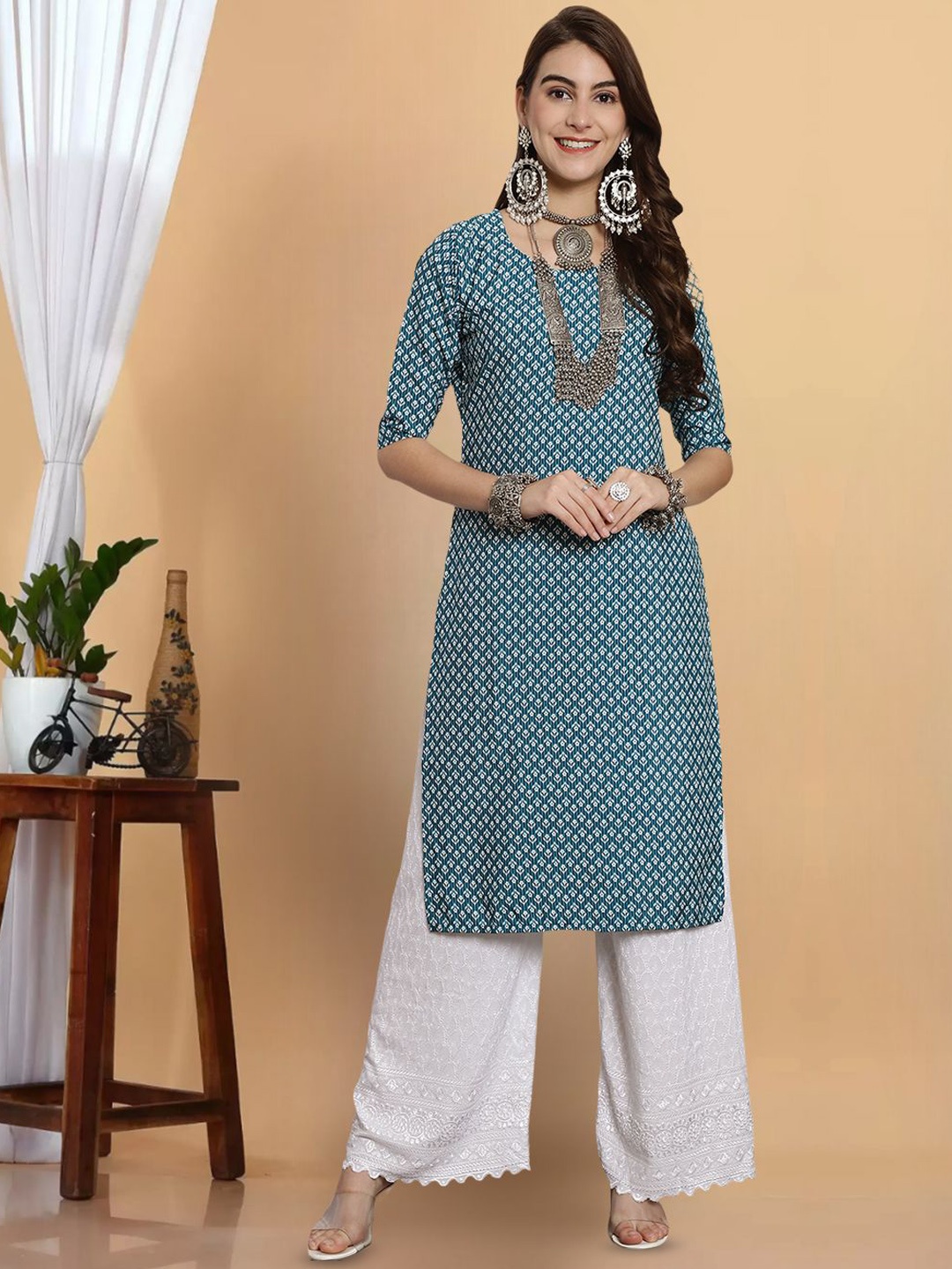 

7Threads Ethnic Motifs Printed Crepe Straight Kurta, Teal