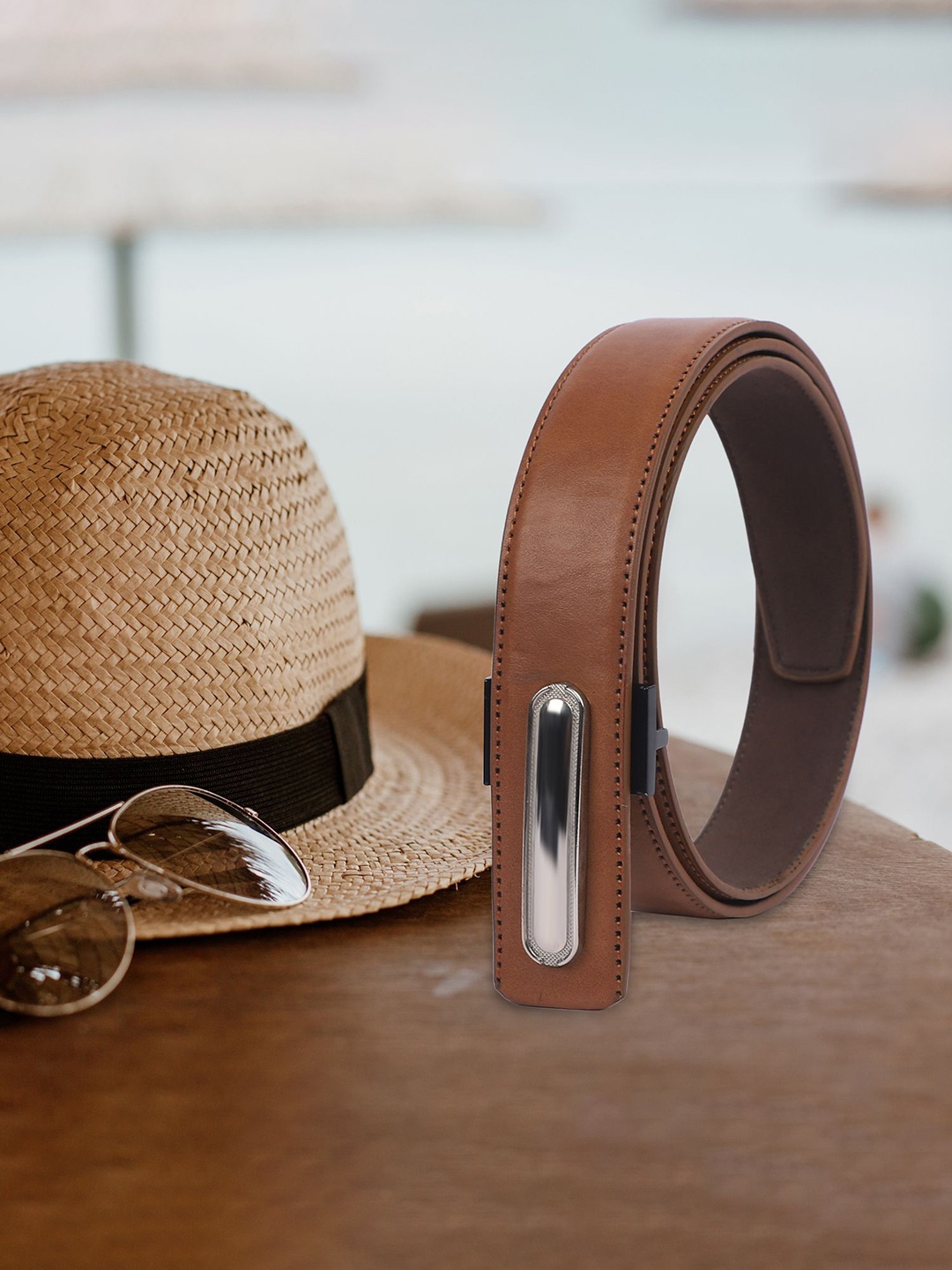 

KEZRO Men Solid Push Pin Closure Formal Belt, Tan