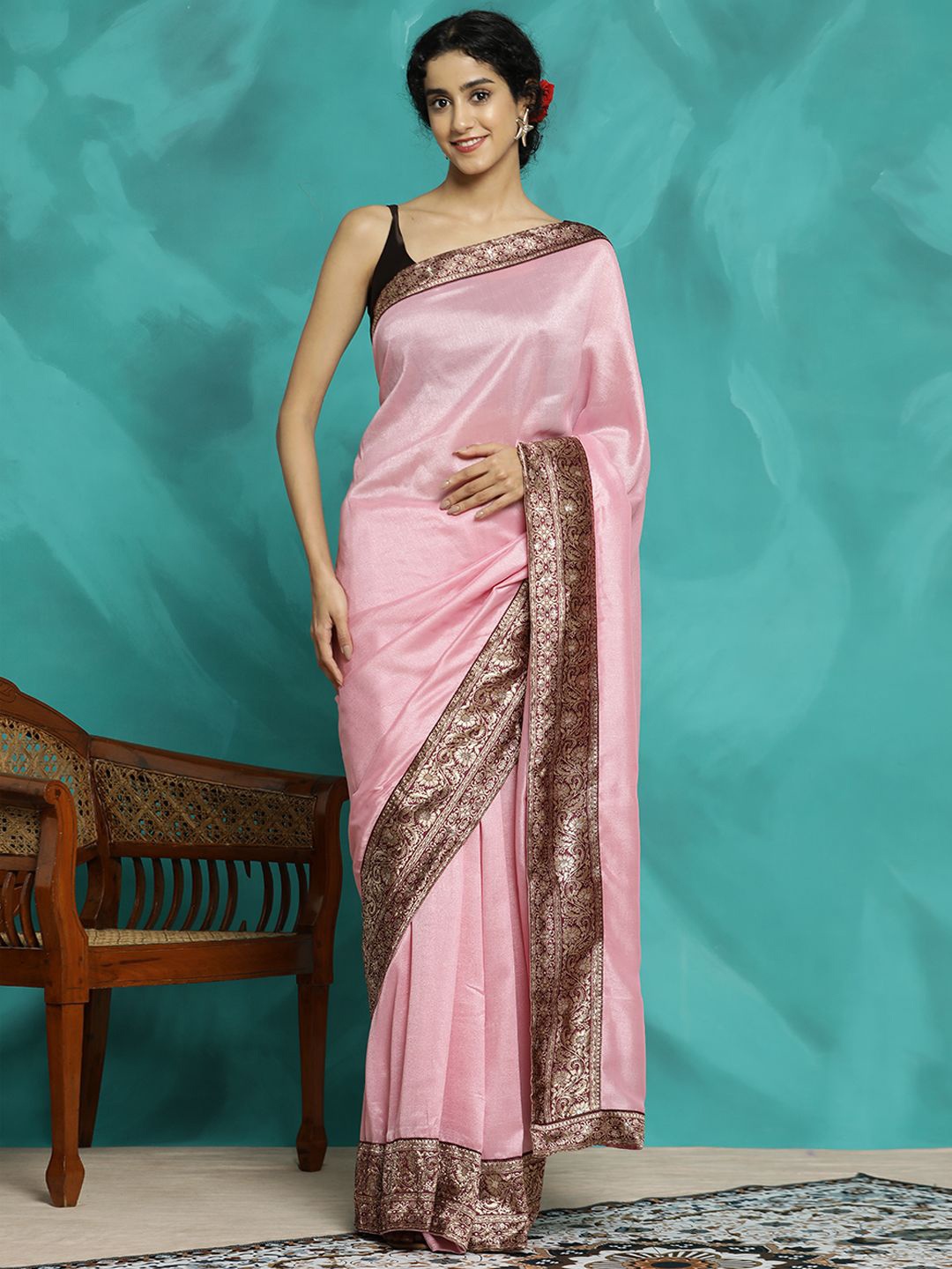 

Jaipur Kurti Party Wear Zari Woven Banarasi Saree, Pink