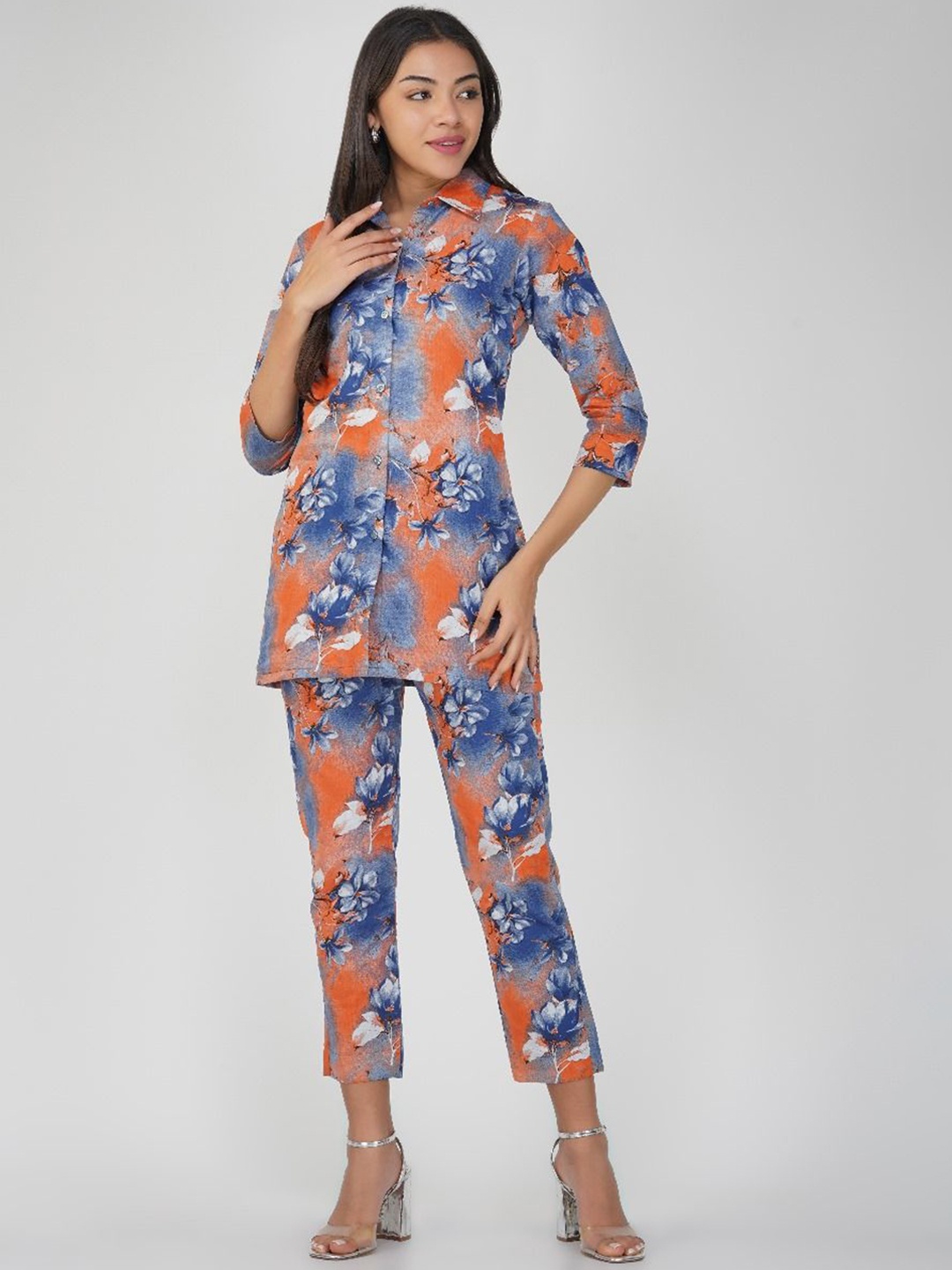 

THE VASILIKI Printed Pure Cotton Shirt With Trouser, Blue