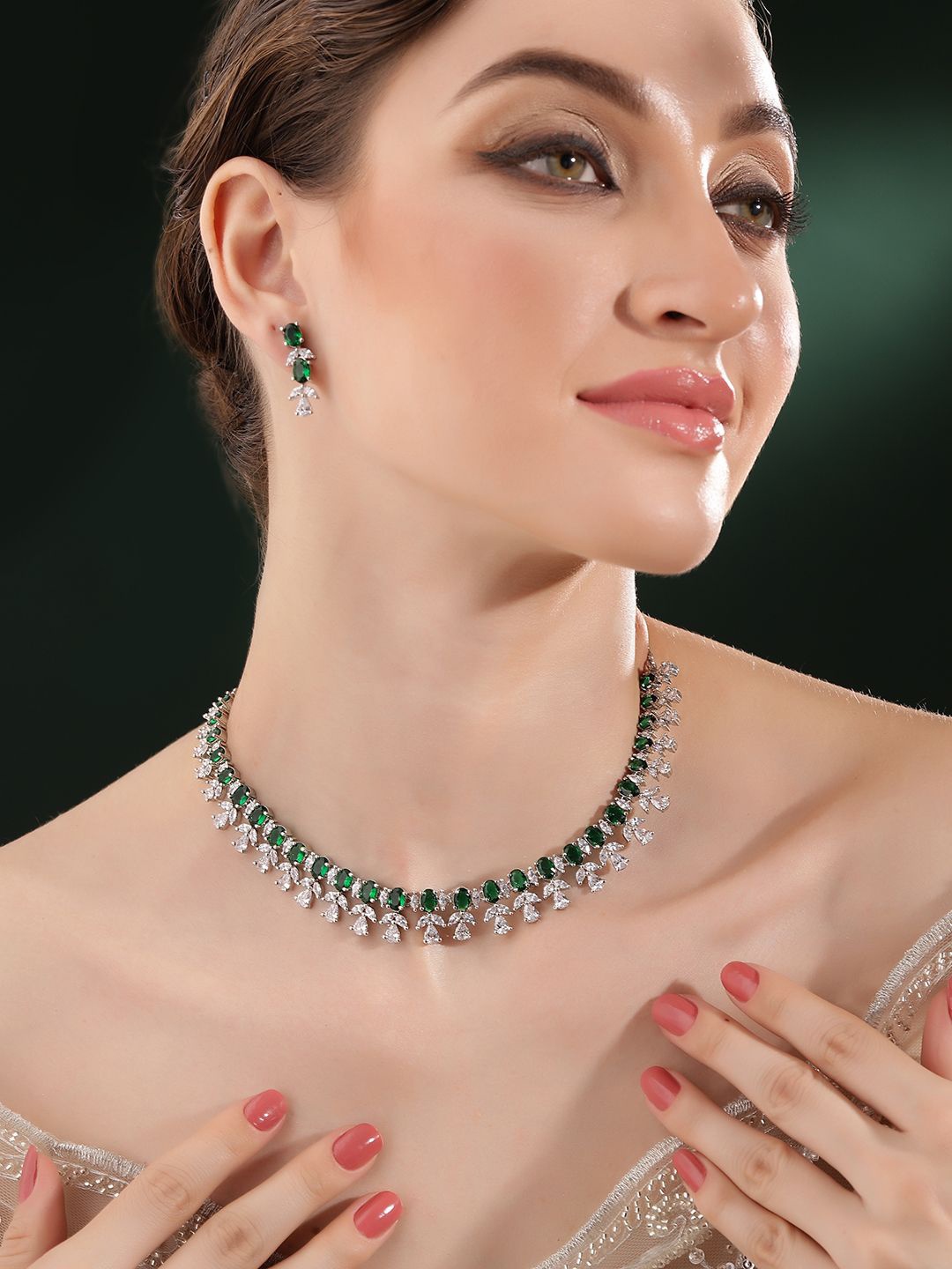 

Priyaasi Silver-Plated Stones Studded Jewellery Set