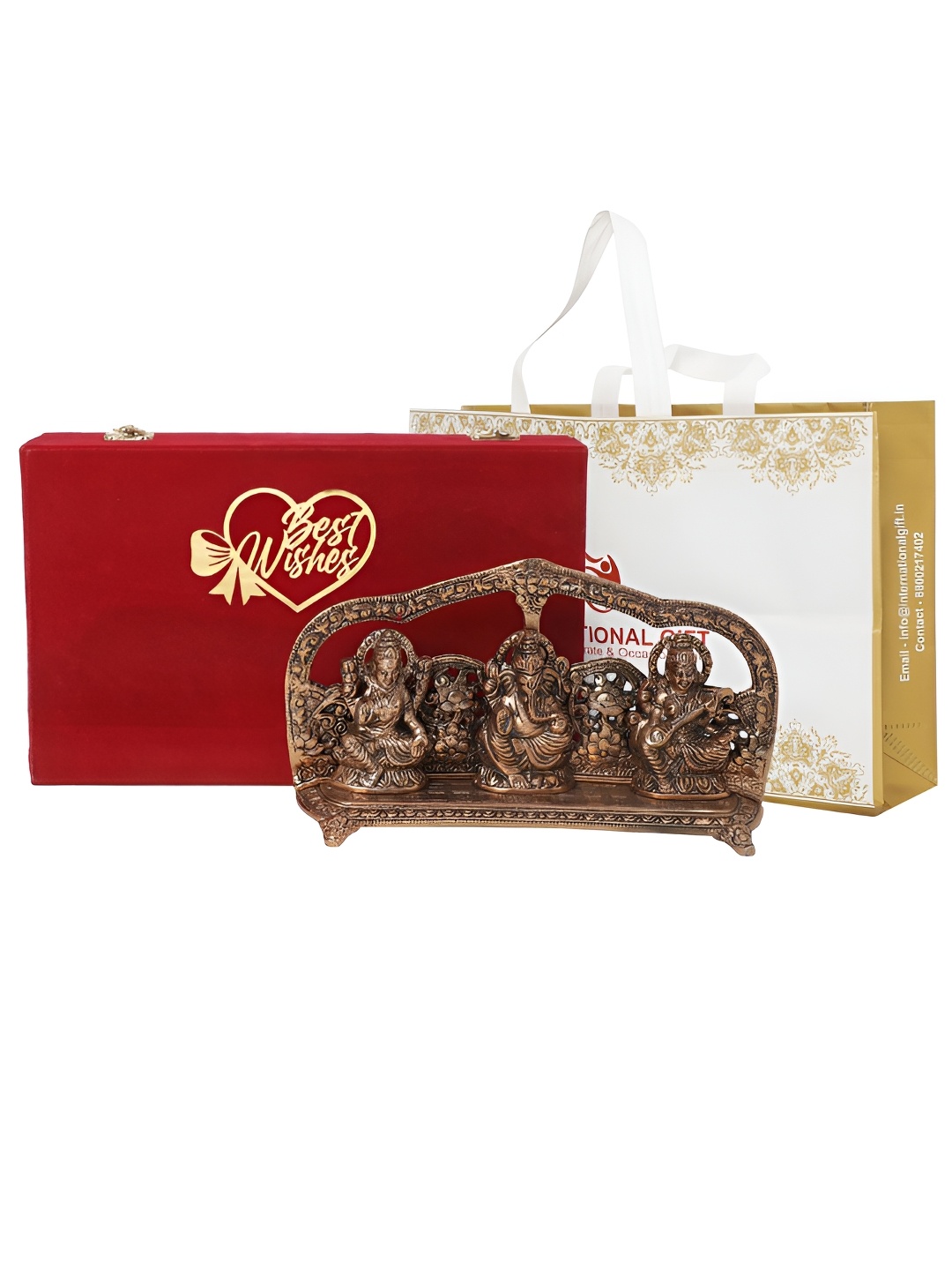 

INTERNATIONAL GIFT Copper Toned Laxmi Ganesh Saraswati With Best Wishes Tag and Velvet Box
