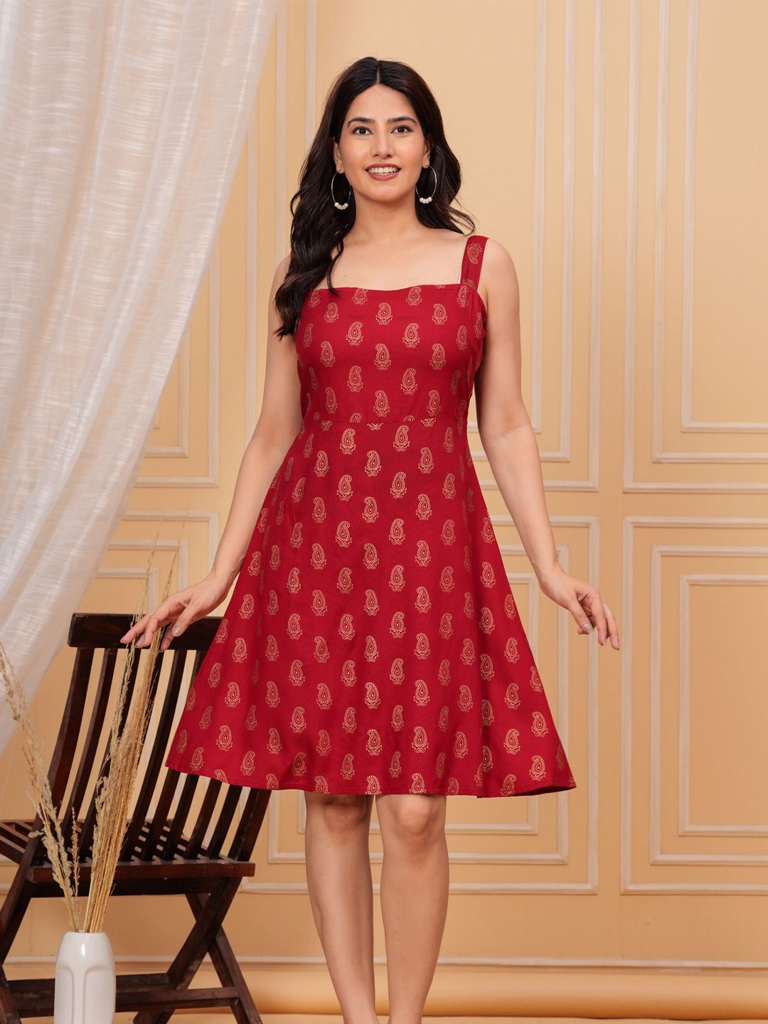 

SHOOLIN Printed A-Line Square Neck Dress, Maroon