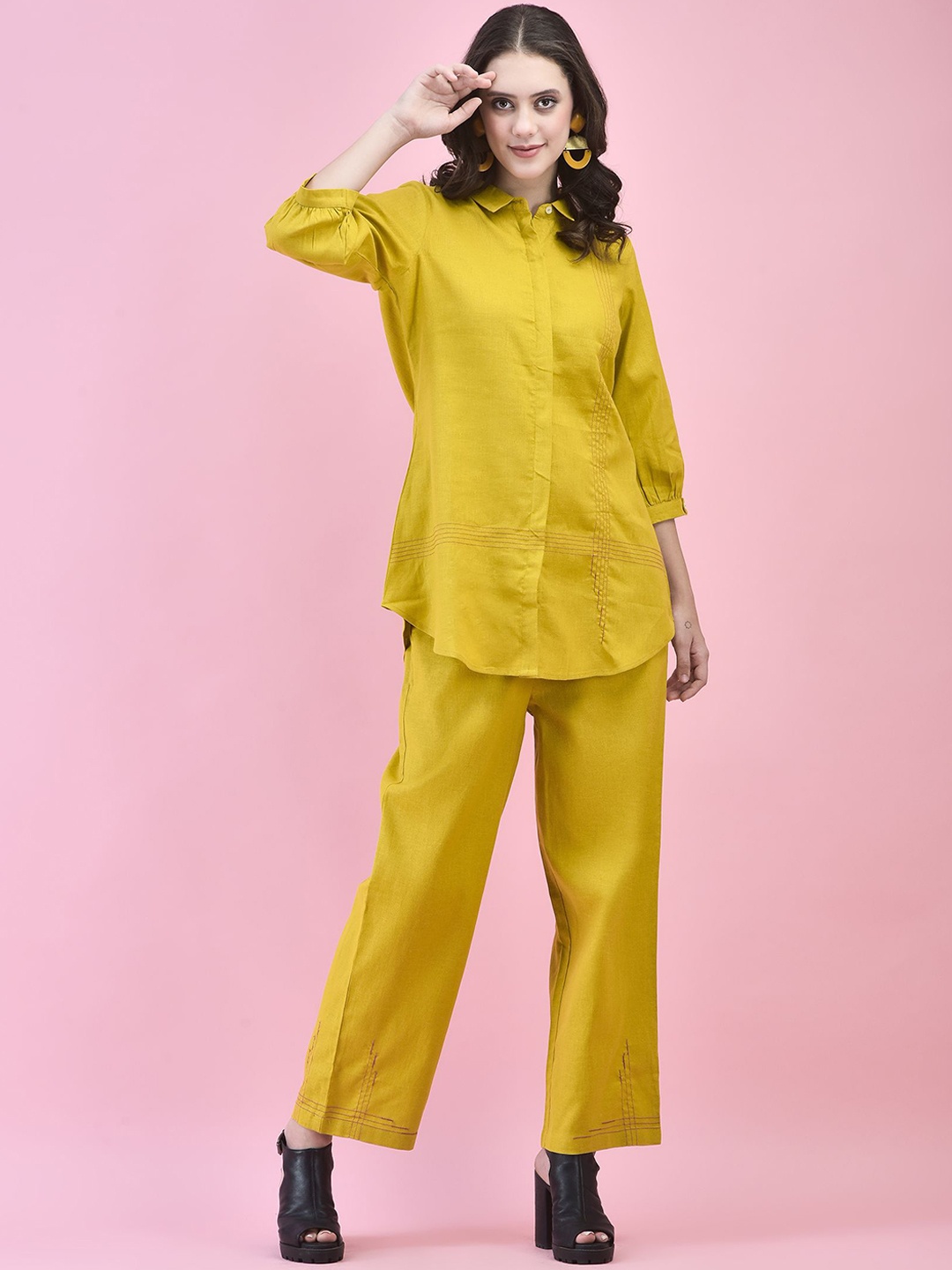 

Shree Shirt Collar Linen Tunic With Trousers, Mustard