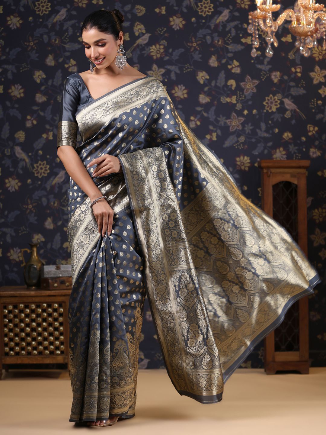 

House of Pataudi Woven Design Ethnic Motifs Heavy Work Banarasi Saree, Grey