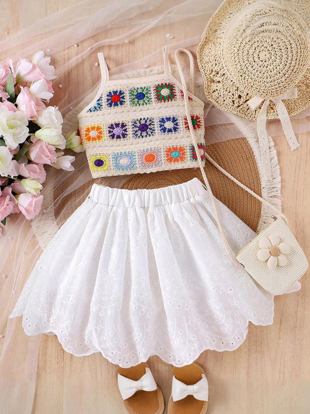 

INCLUD Girls Self Design Shoulder Straps Top with Skirt, Beige