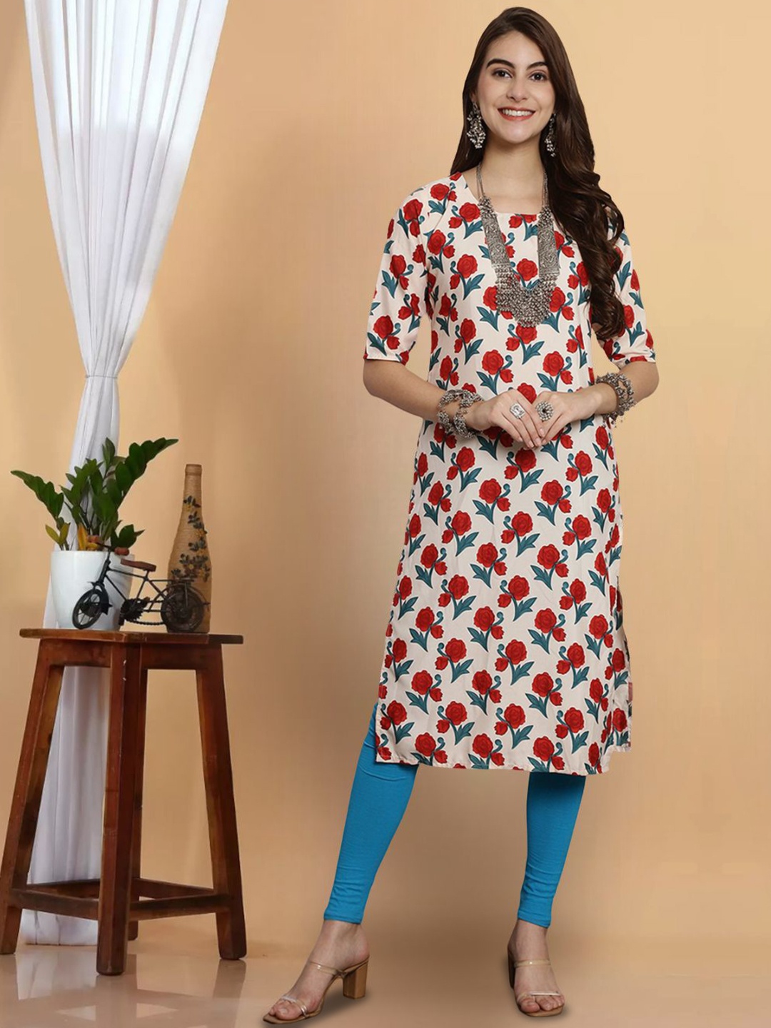 

7Threads Floral Printed Round Neck Straight Kurta, Beige