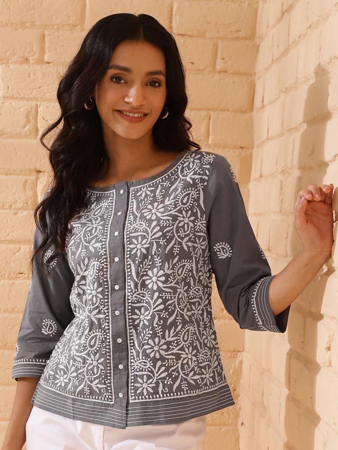 

Fabindia Women Floral Embroidered Round Neck Cotton Top, Grey