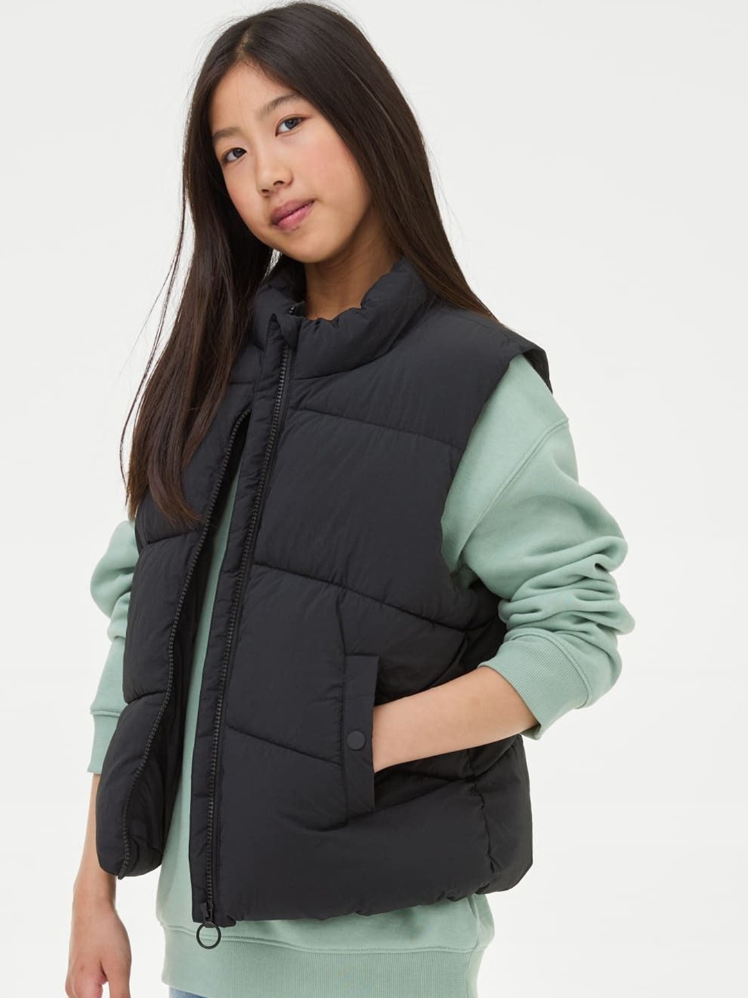 

Marks & Spencer Girls Colourblocked Lightweight Longline Puffer Jacket, Black