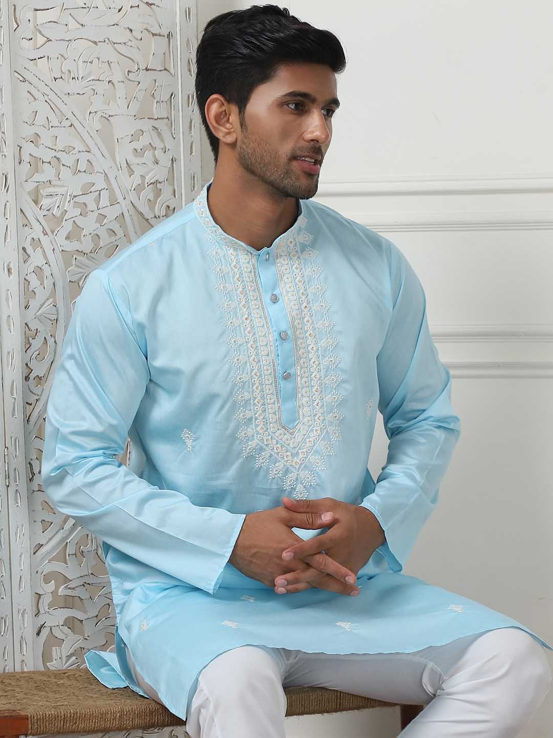 

Jompers Ethnic Motifs Embroidered Straight Sequinned Cotton Silk Kurta with Pyjamas, Turquoise blue