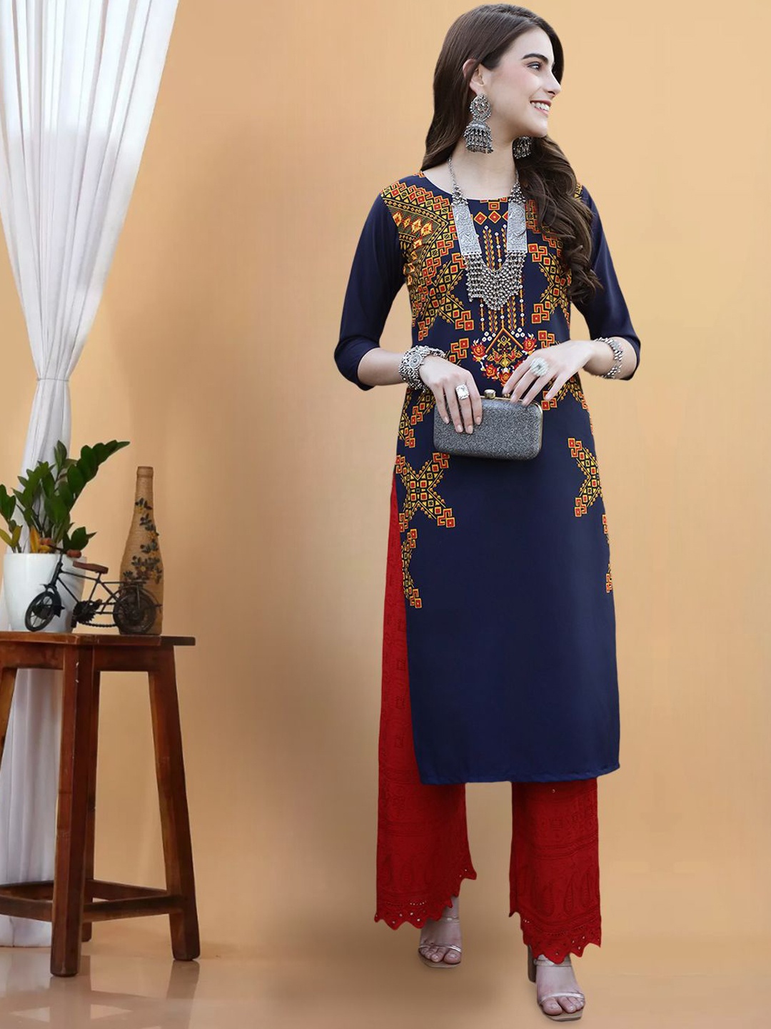 

7Threads Geometric Printed Round Neck Regular Crepe Straight Kurta, Navy blue