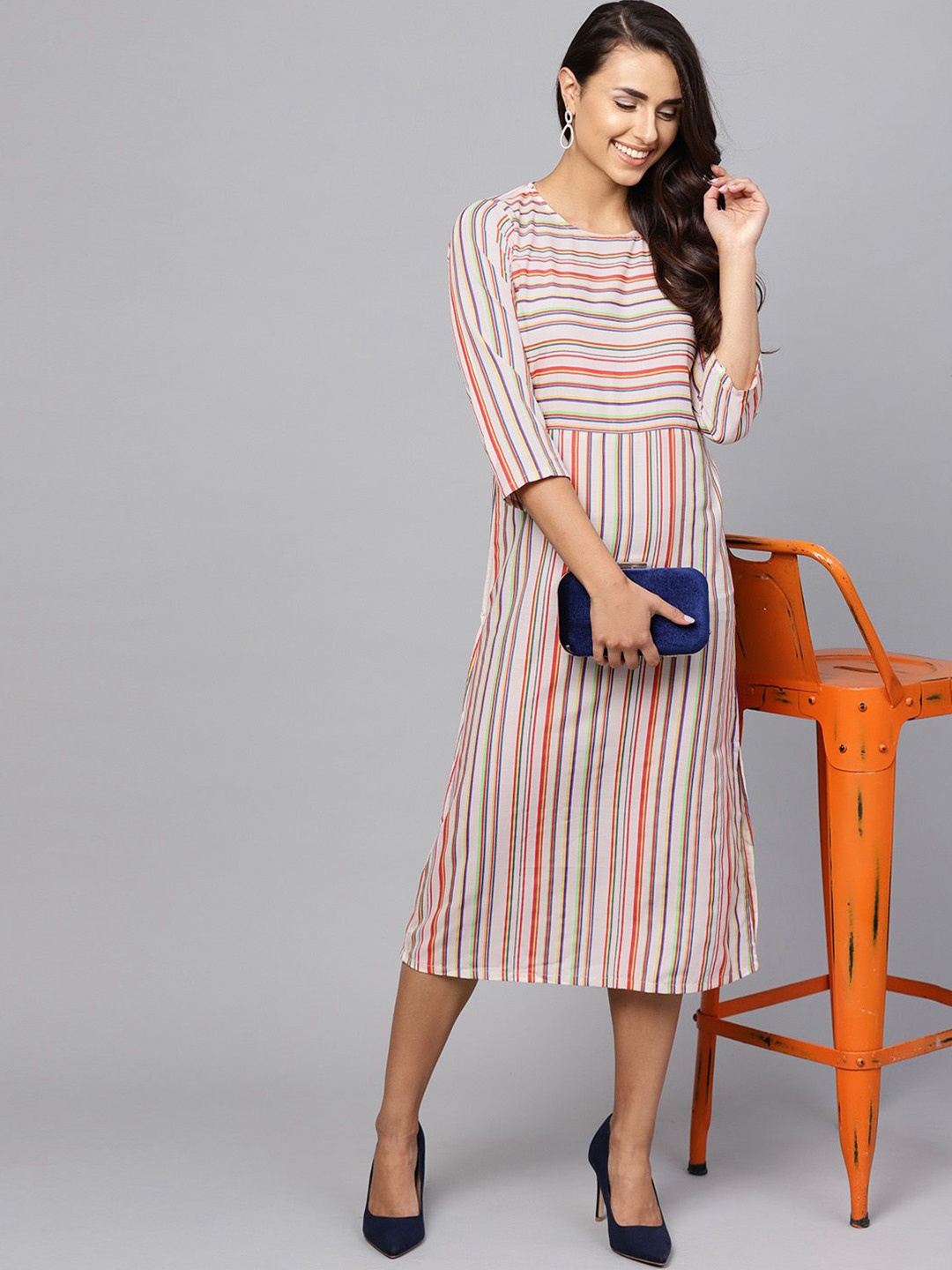 

Indo Era Women Striped Modal Round Neck A-Line Midi Dress, Cream