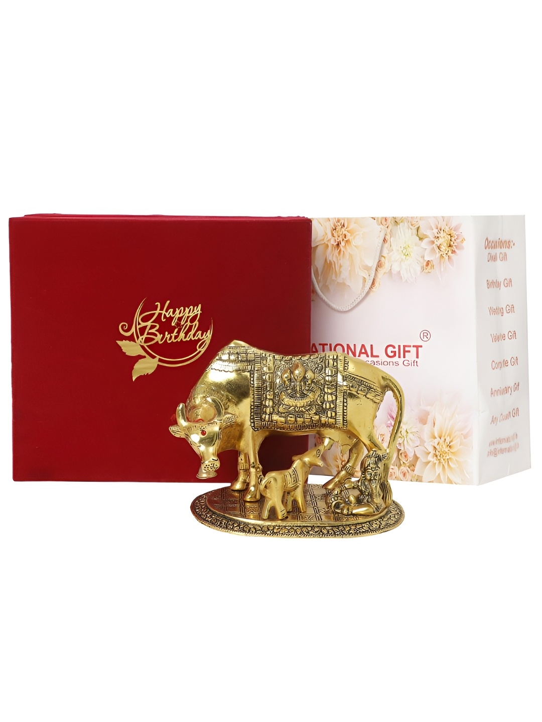 

INTERNATIONAL GIFT Gold Toned Kamdhenu Cow Idol Metal Showpiece With Velvet Box & Bag
