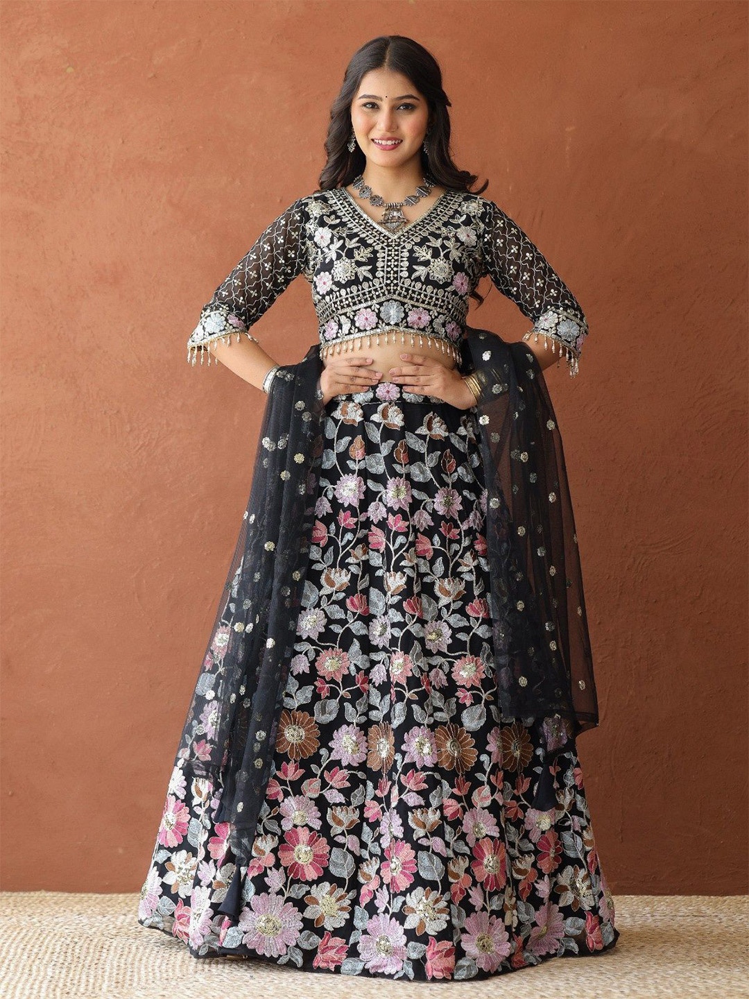 

Futra Gabha Floral Embroidered Pure Georgette Ready to Wear Lehenga & Blouse With Dupatta, Black