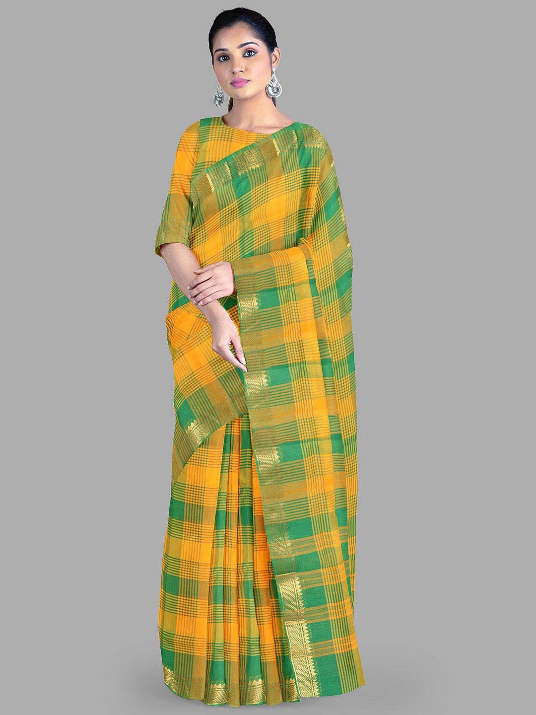 

The Chennai Silks Checked Zari Pure Cotton Chettinad Saree, Yellow