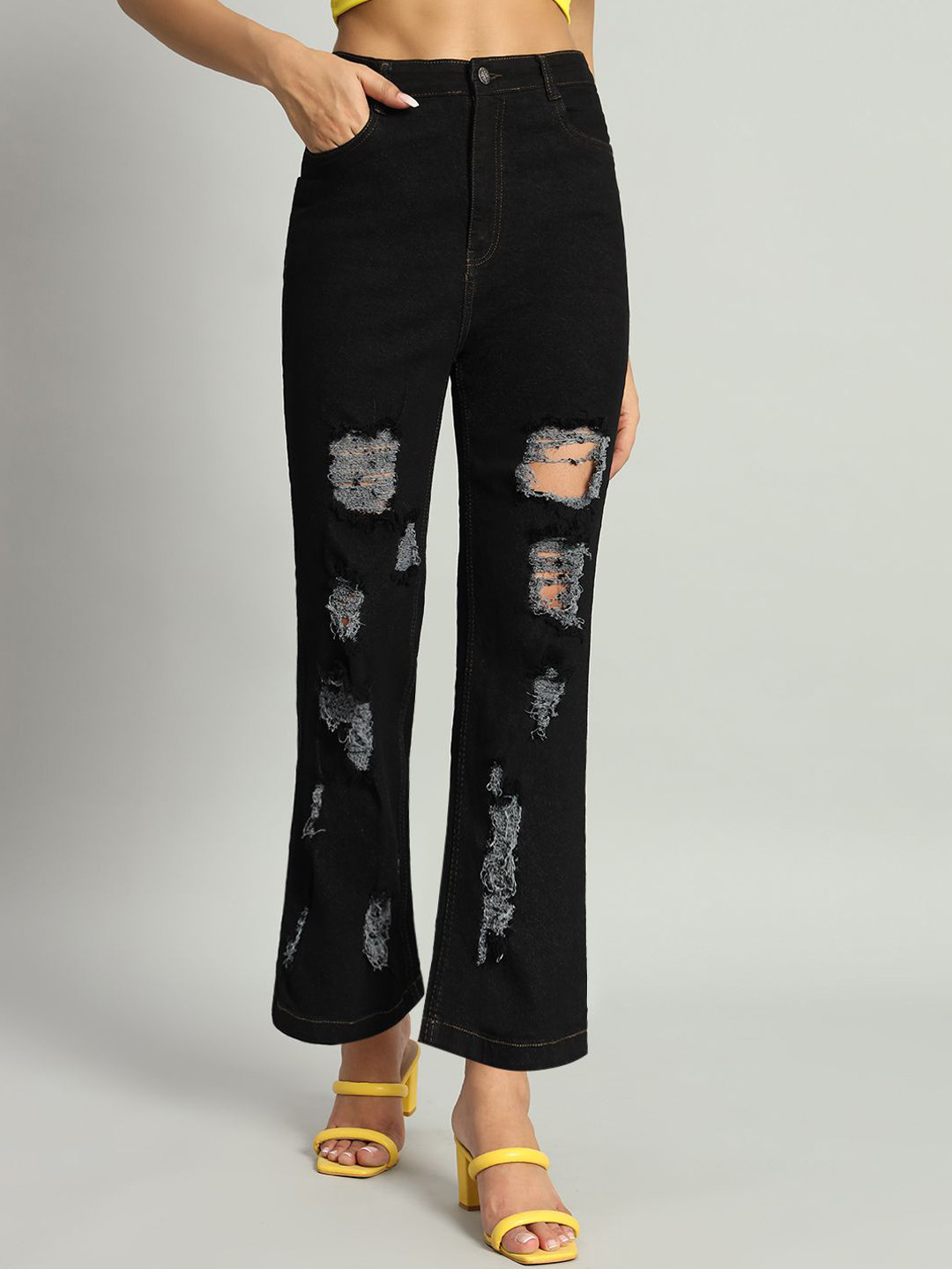 

GUTI Women Bootcut High-Rise Highly Distressed Stretchable Jeans, Black