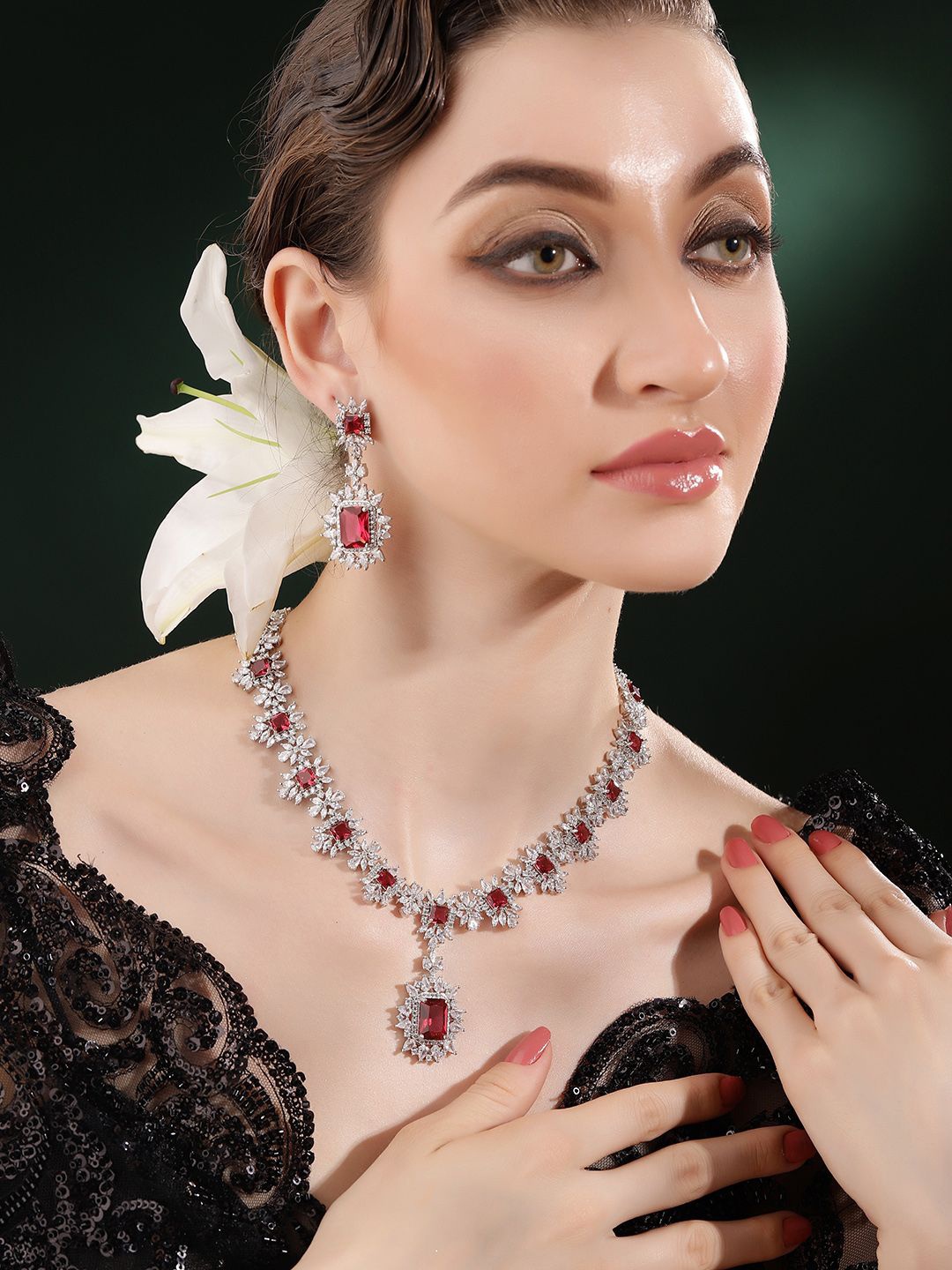 

Priyaasi Silver-Plated Ruby American Diamond -Studded Jewellery Set