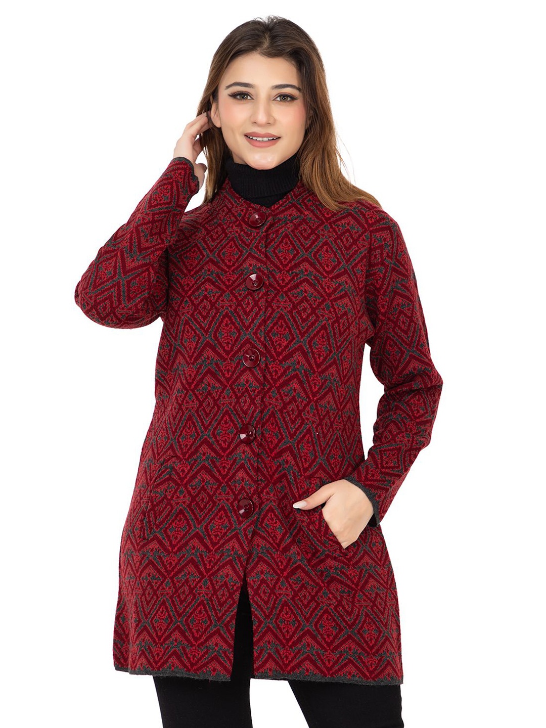 

TWENTY ME Women Embroidered Woollen Cardigan, Maroon