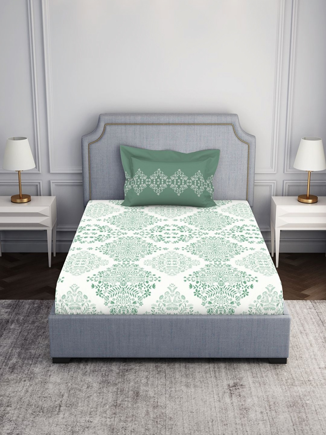 

SPACES Atrium2024 Green Ethnic Motifs Pure Cotton 144 TC Single Bedsheet & 1 Pillow Cover